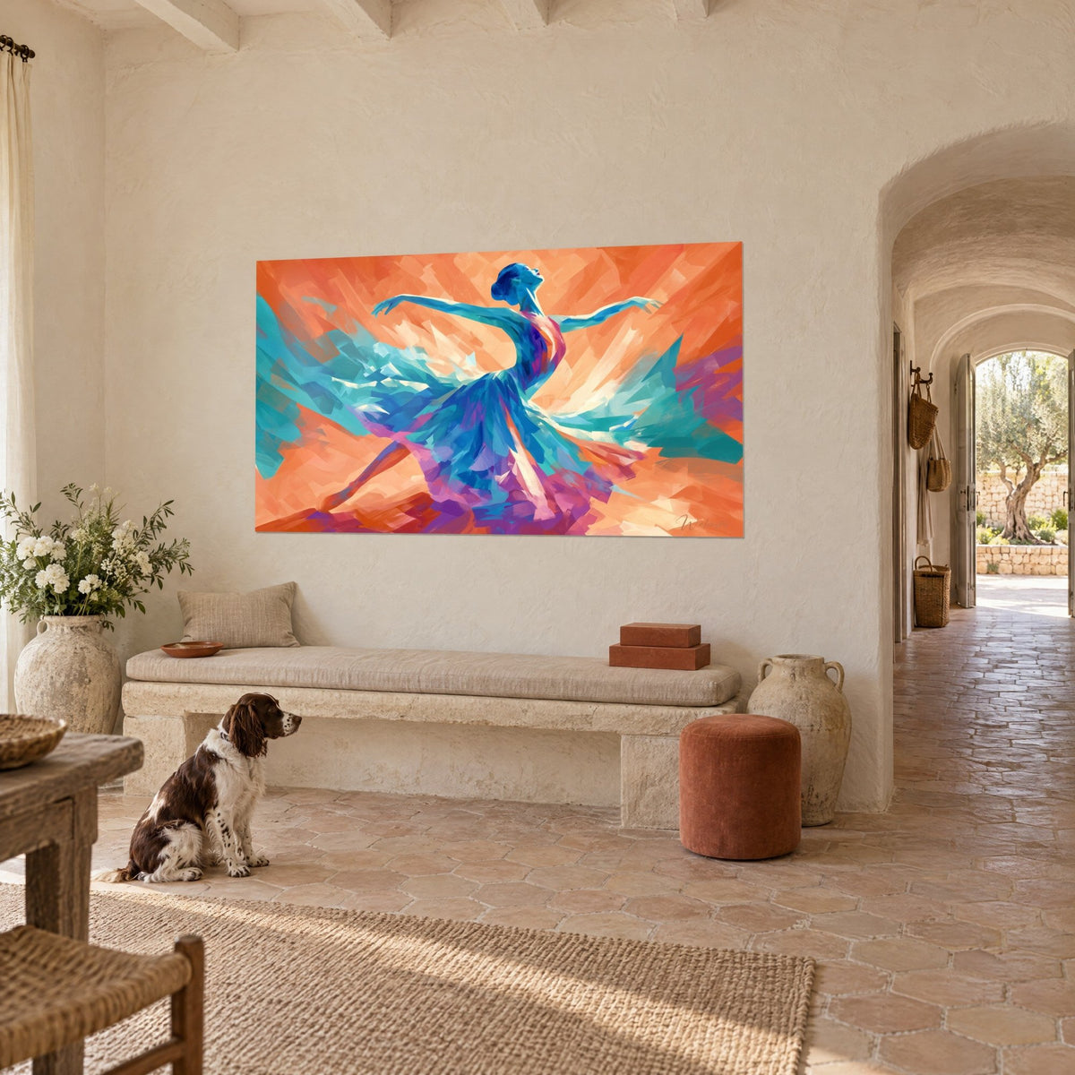 Tableau silhouette bleue en arabesque, tutu turquoise, rose et orange vif, bien en vue dans un mas provençal, spaniel au pied du banc