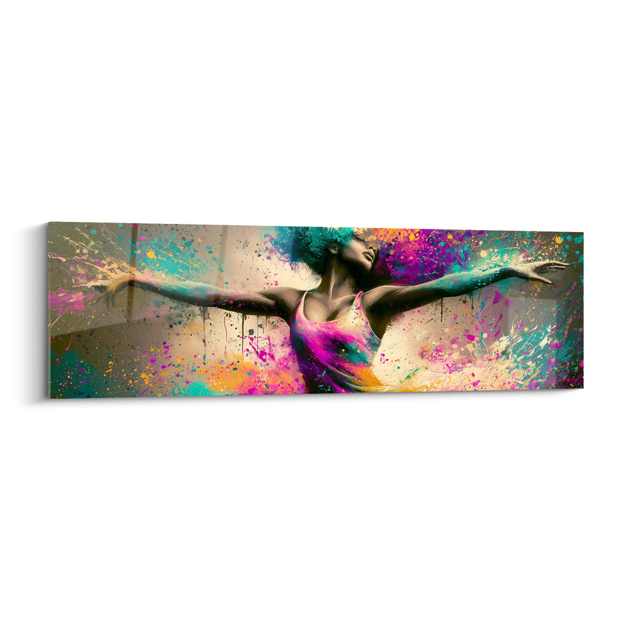 Tableau Danseuse aux bras ouverts éclaboussures magenta turquoise - Envol libérateur - Edition Danseuse abstrait