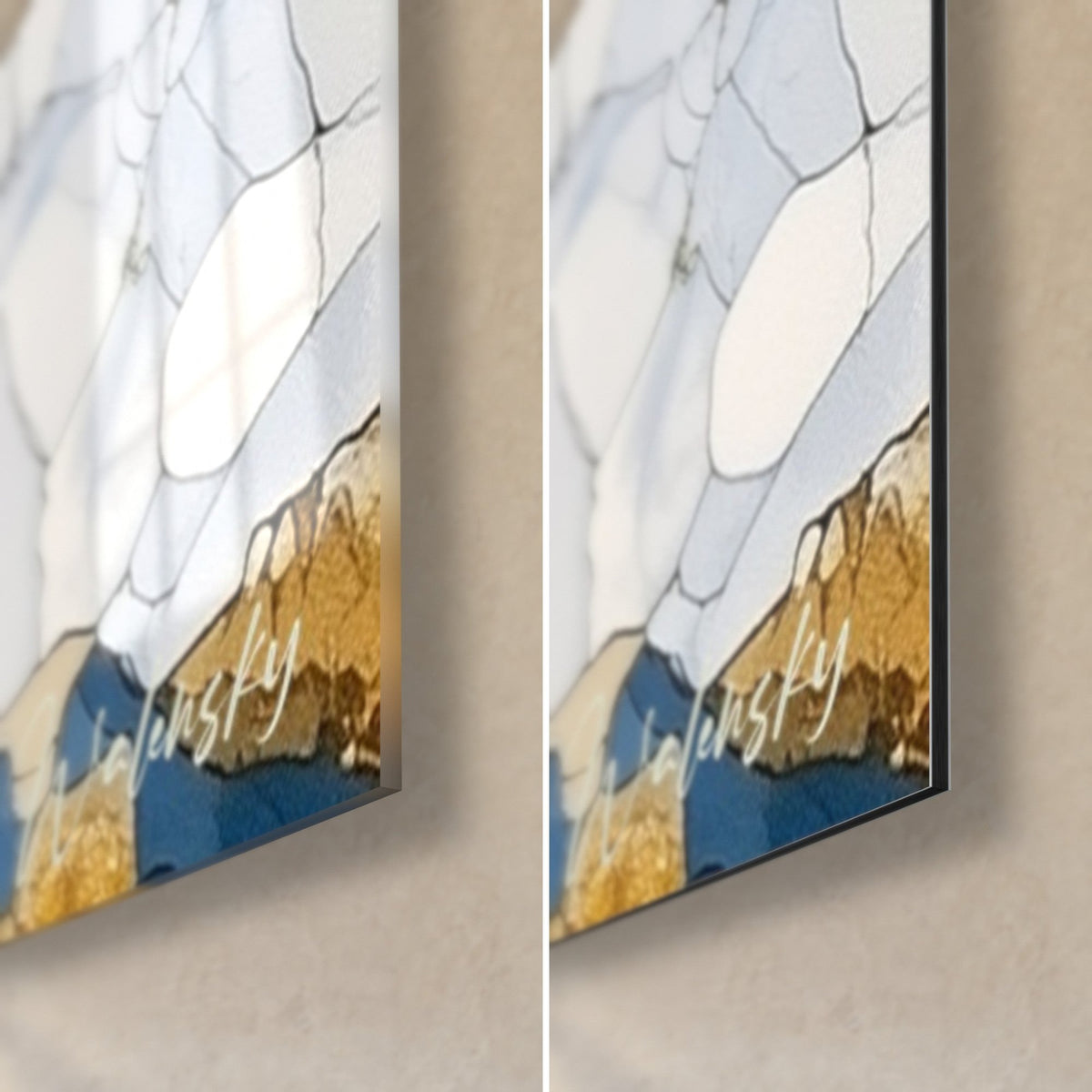 Cuadro bailarina con velos azul noche y dorados, esquina inferior derecha: cristal brillante a la izquierda, aluminio Dibond mate a la derecha, canto de 3 mm