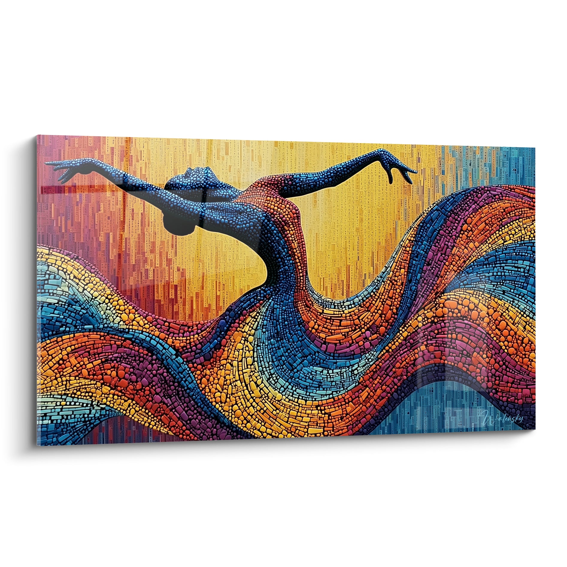 Danseuse abstraite cambrée en mosaïque bleu marine et orange brûlé sur fond doré vibrant