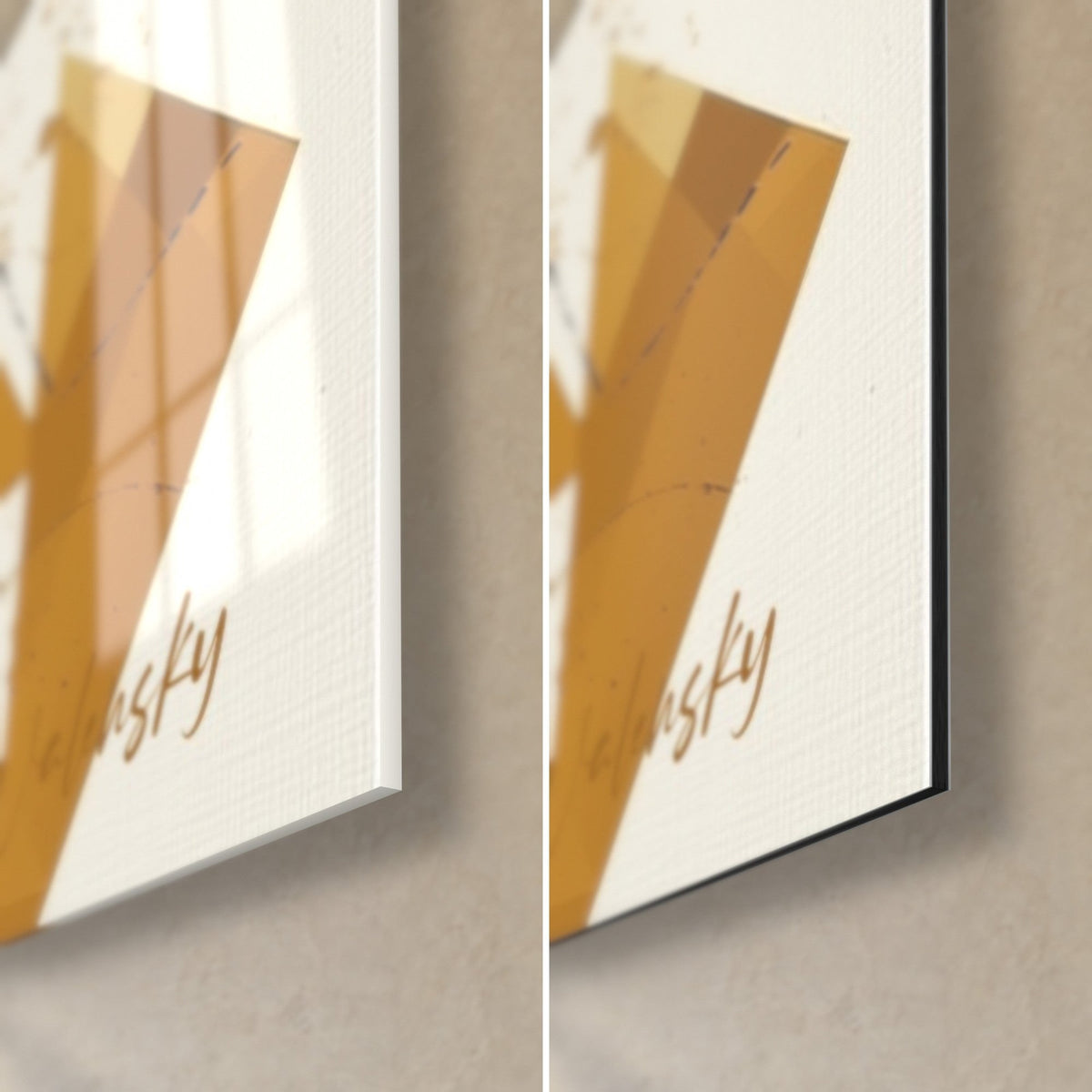 Schilderij dansende figuur, rechtsonder: glanzend glas dat links goud weerspiegelt, mat zwart Dibond rechts, rand van 3 mm