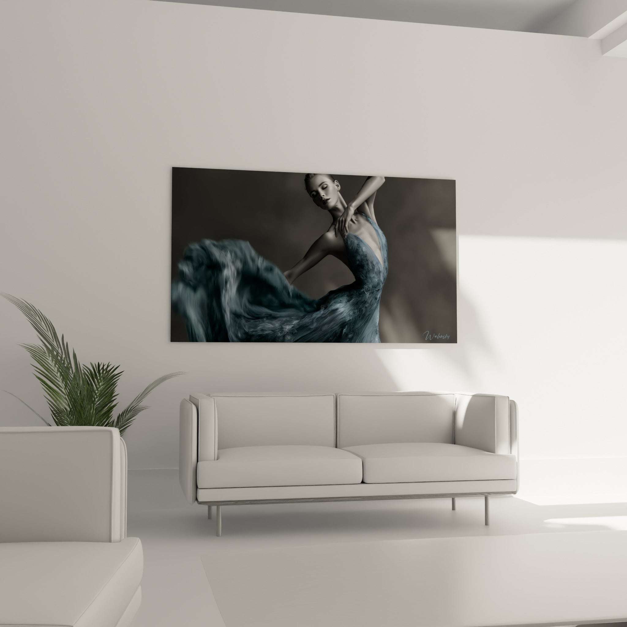 Mouvement gracieux de la danseuse abstrait en bleu marine et gris, au-dessus d'un canapé dans un salon lumineux
