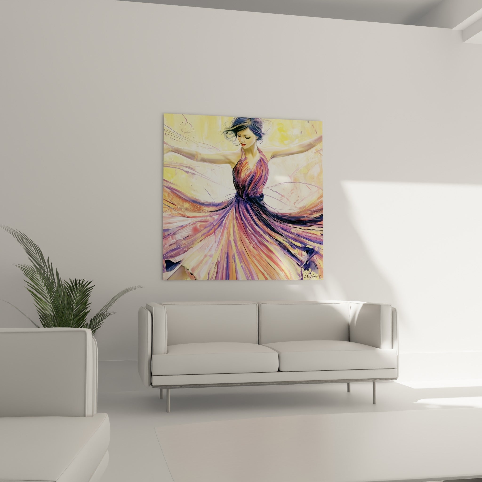 Mouvement gracieux de danseuse abstrait aux tons dorés et anthracite, au-dessus d'un canapé dans un salon lumineux