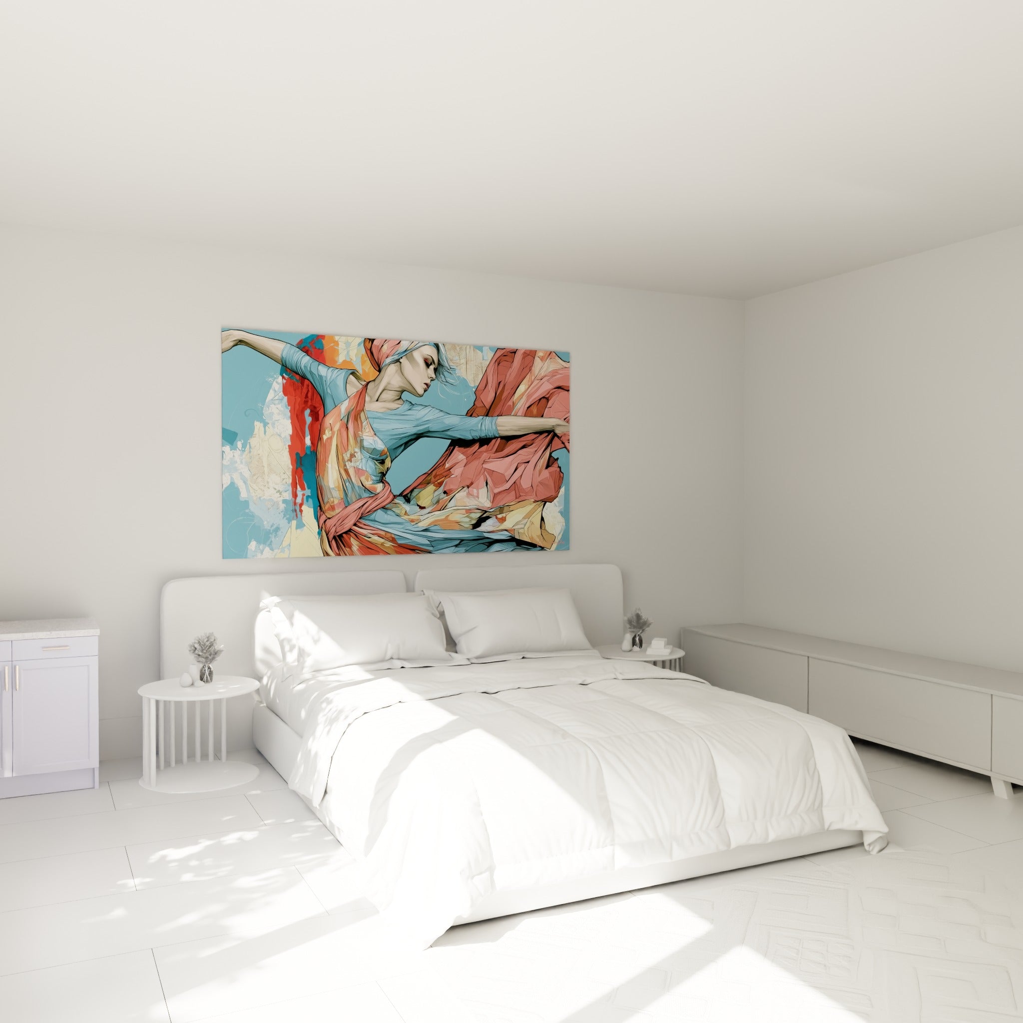 Danseuse abstraite au voile corail et bleu ciel, accrochée au-dessus d'un lit dans une chambre claire