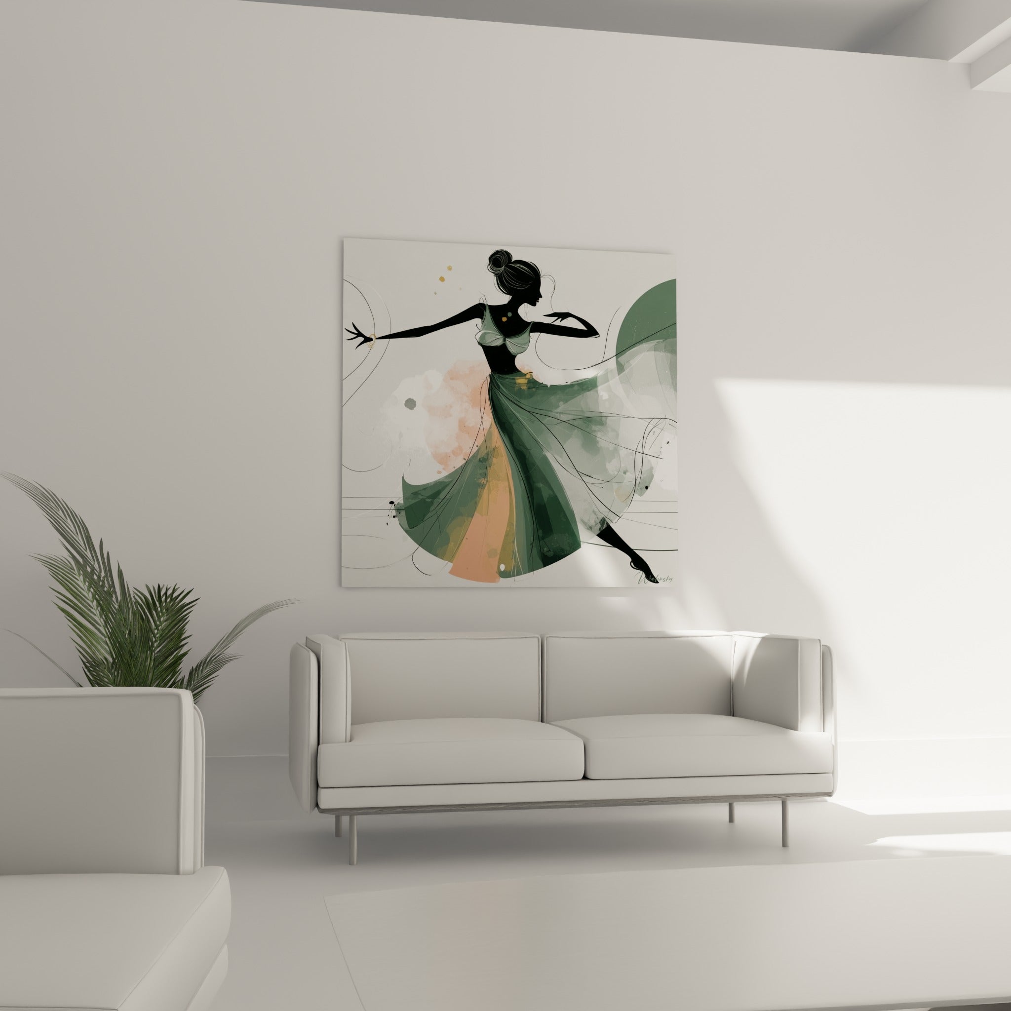 Danseuse abstrait en mouvement, jupe verte et orangée, au-dessus d'un canapé dans un salon lumineux
