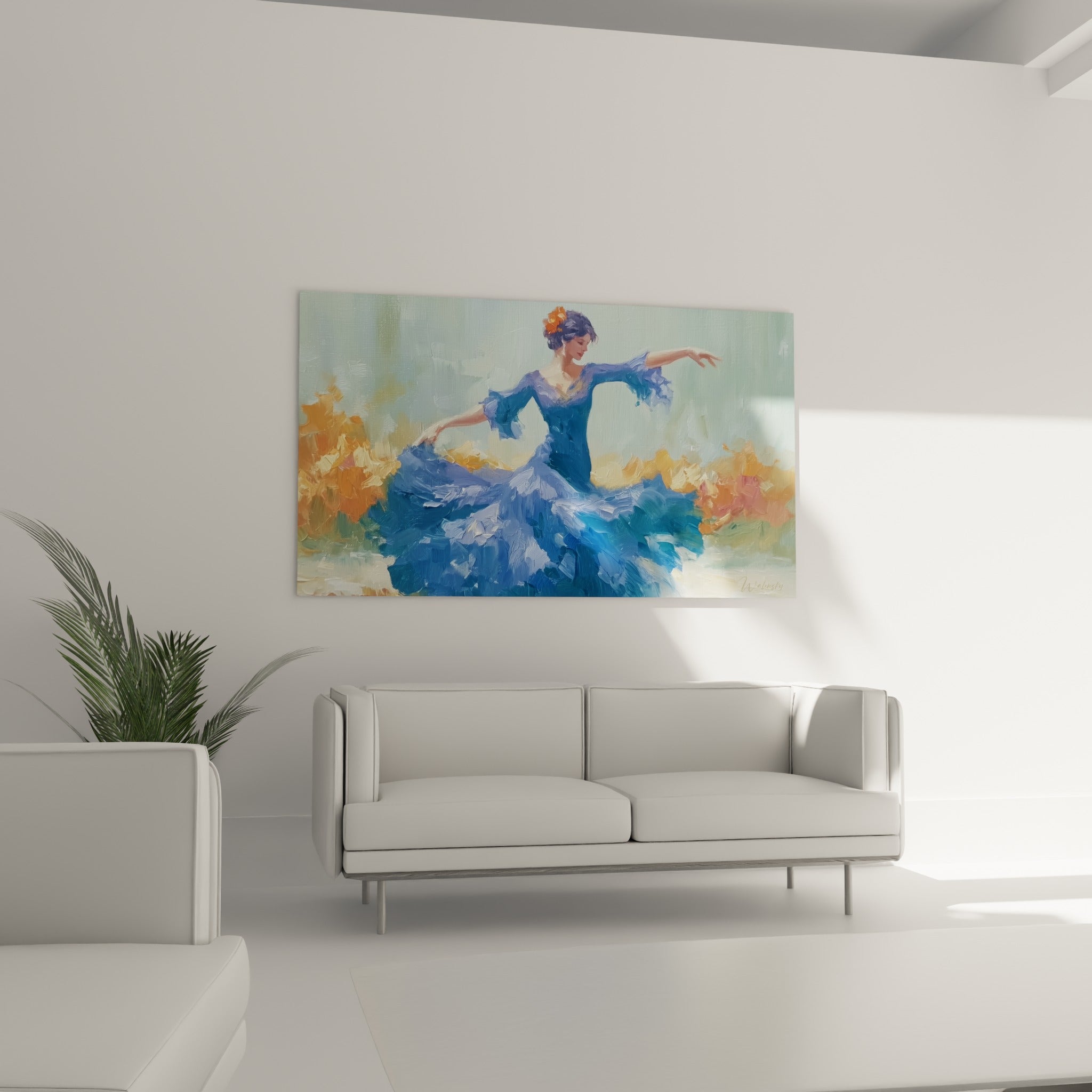 Silhouette dansante bleu marine et corail, geste ample, suspendue au-dessus d'un canapé dans un salon lumineux