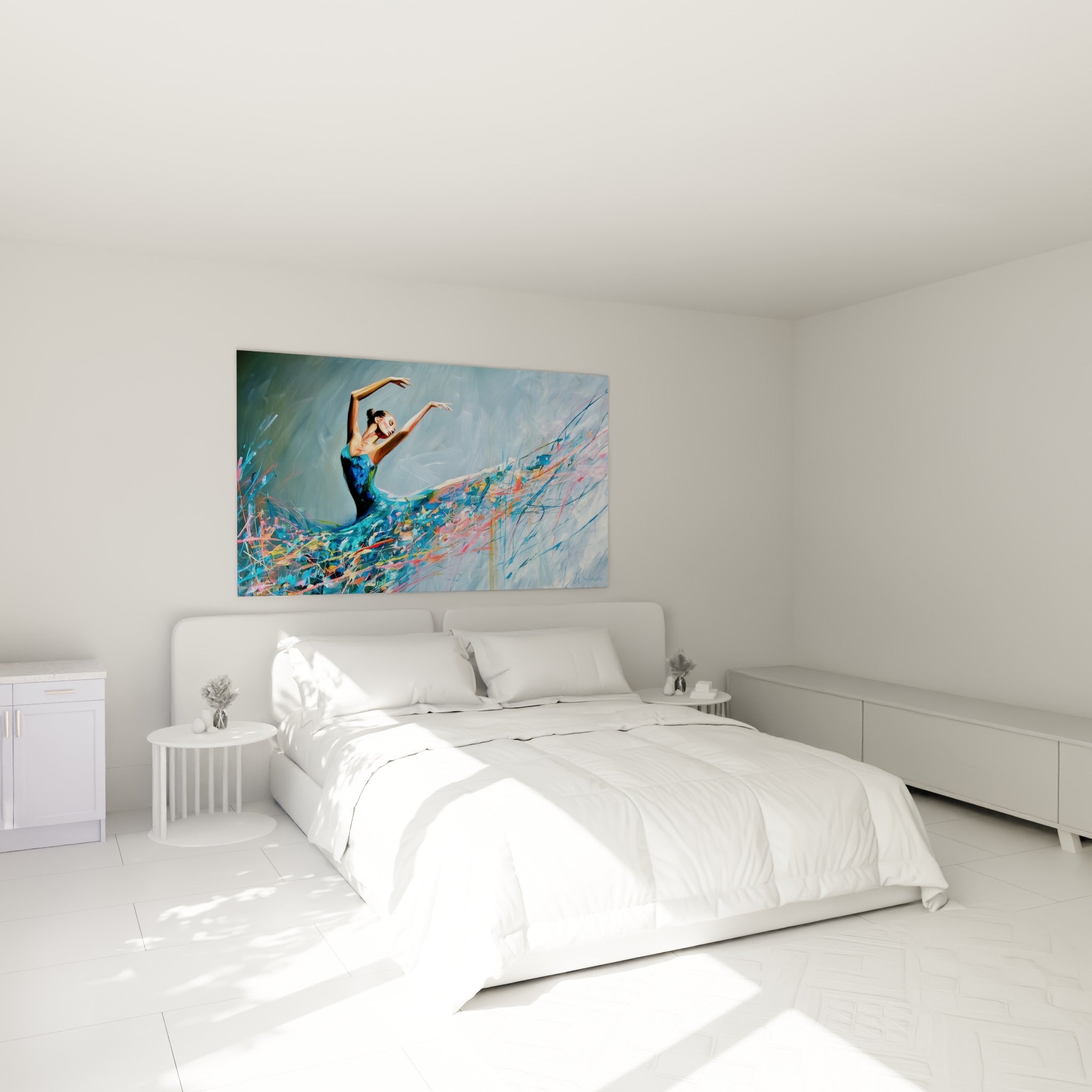 Silhouette gracieuse en bleu turquoise et orange, œuvre danseuse abstrait au-dessus d'un lit dans une chambre claire