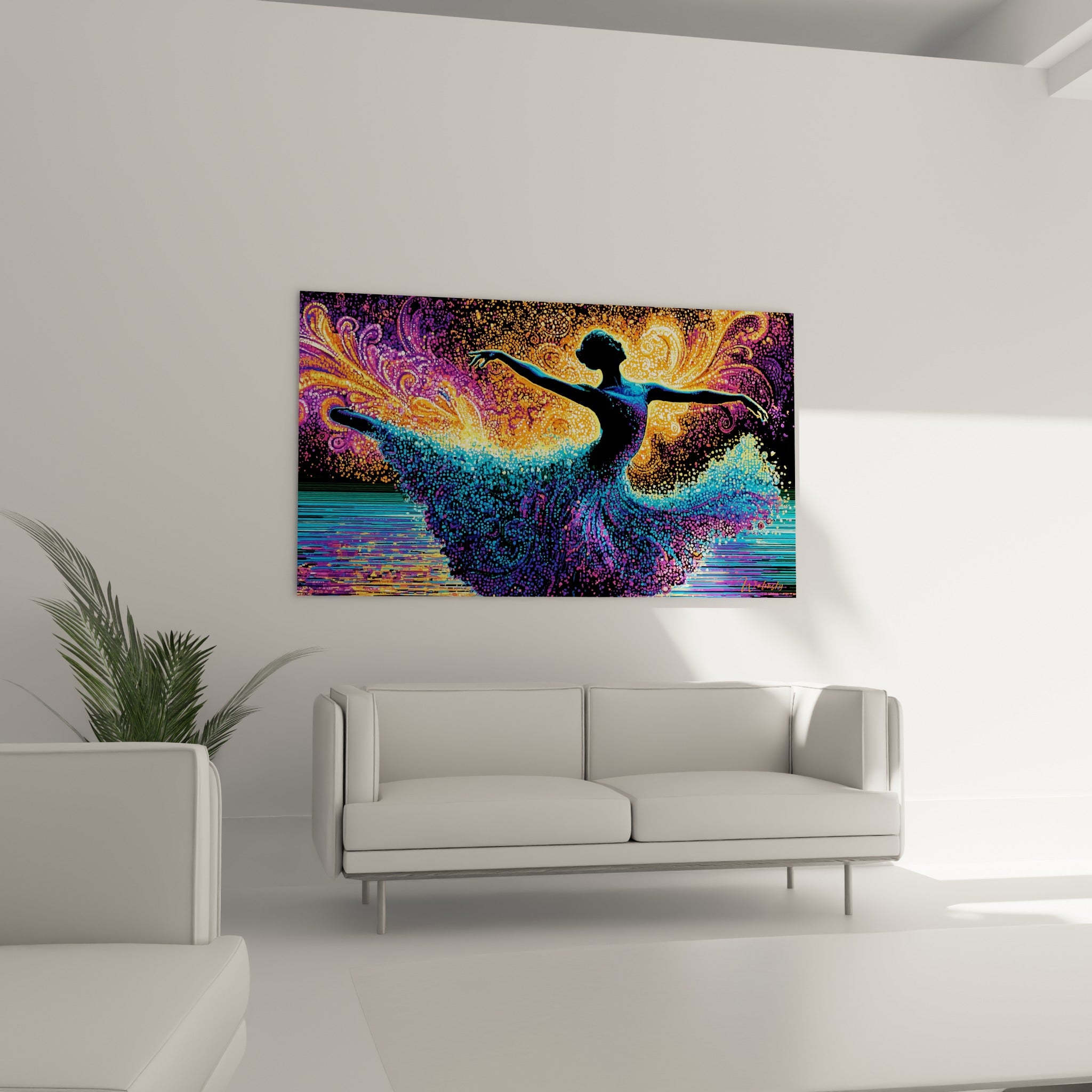 Mouvement gracieux de la Danseuse abstrait en turquoise et orange, au-dessus d'un canapé dans un salon lumineux