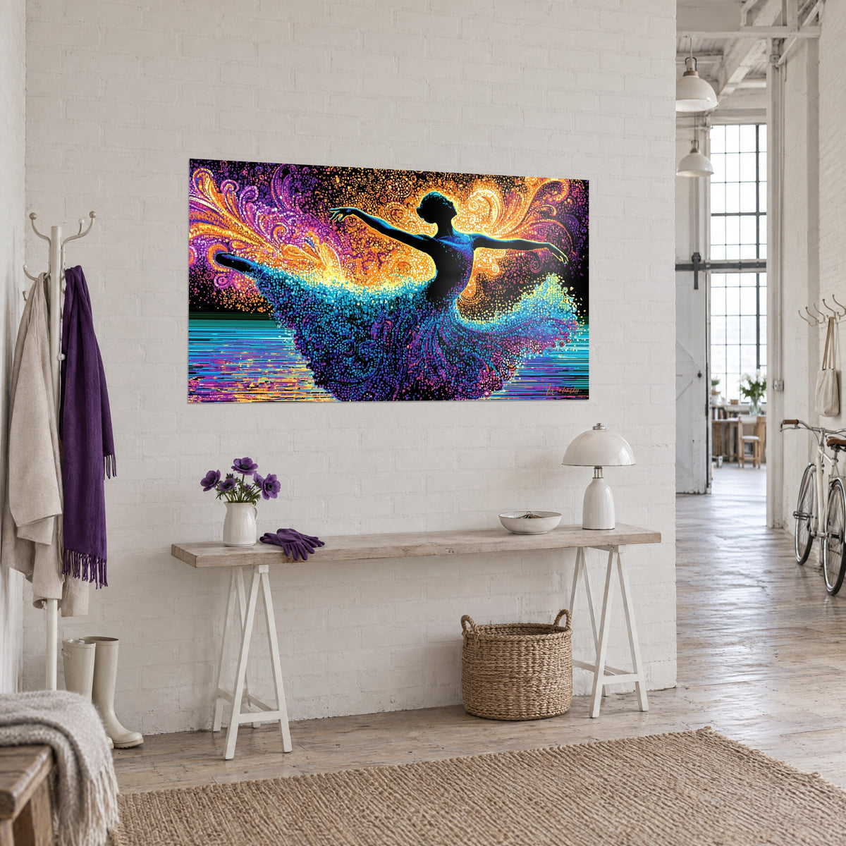 Schilderij ballerina als zwarte silhouet, rok van blauwe en turquoise stippen, amberkleurige gloed, driekwart aanzicht in een kunstenaarsloft