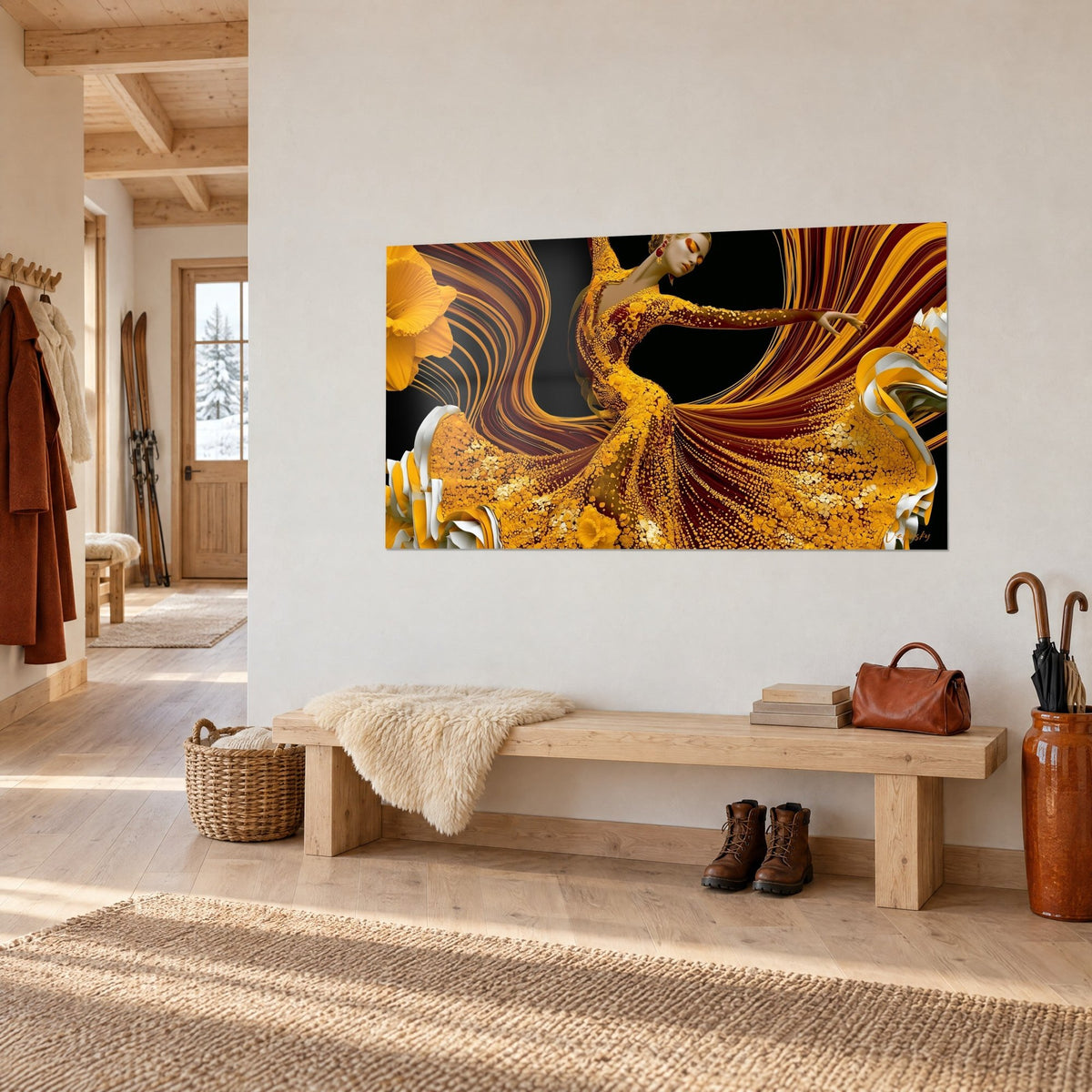 Tableau ballerine aux boucles d'oreilles rouges, jupe jaune à volants blancs sur fond noir, accroché dans une entrée en bois clair de chalet