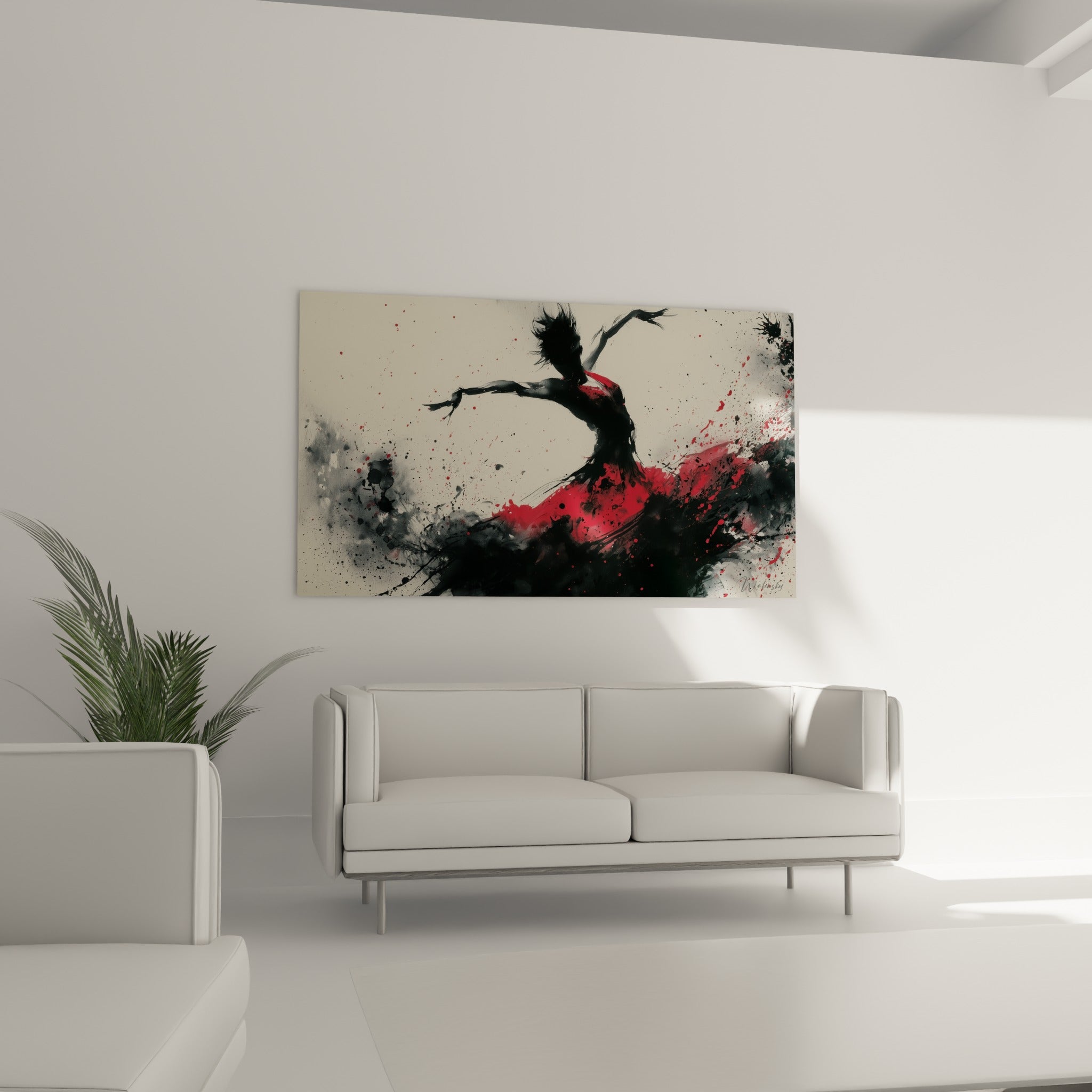 Corps en tourbillon rouge écarlate et traits noirs d'une danseuse au-dessus d'un canapé dans un salon lumineux