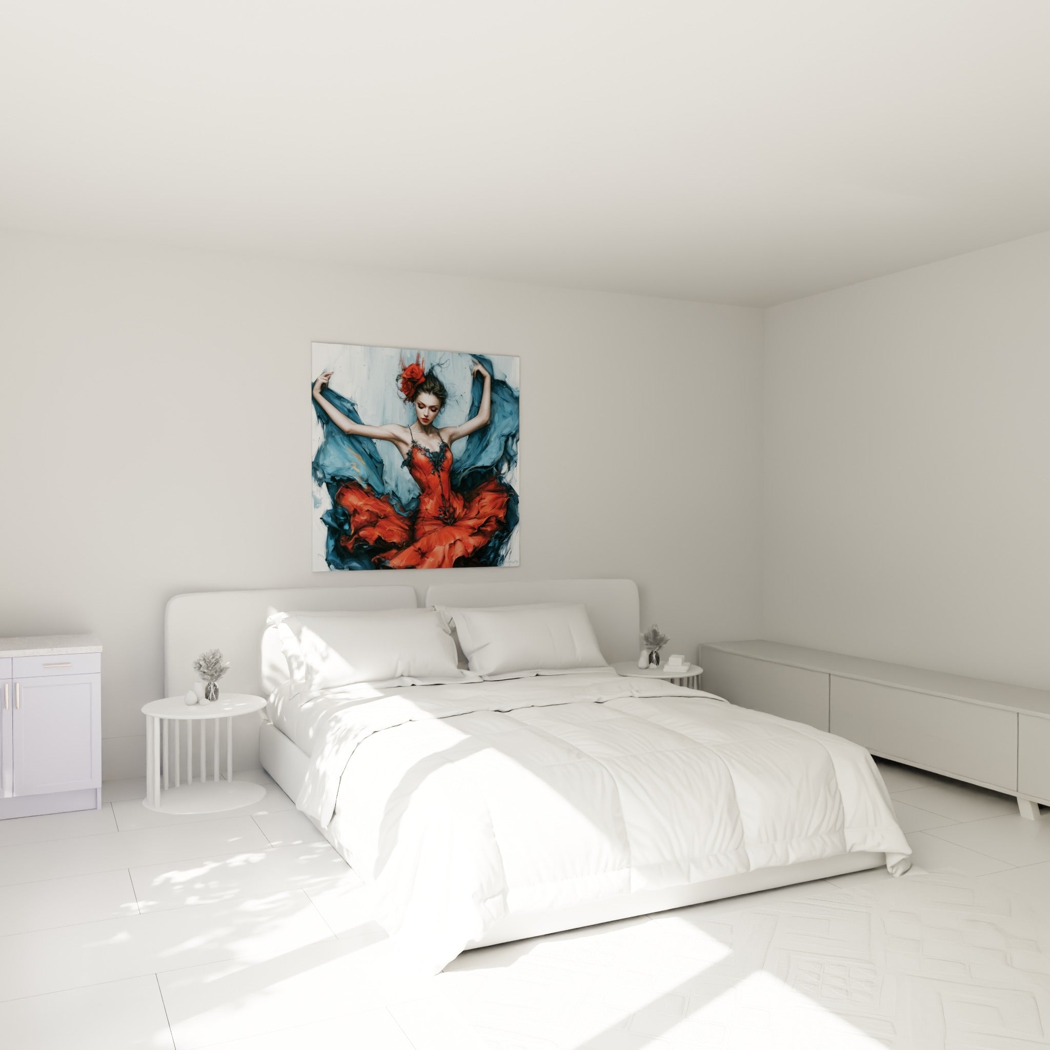 Silhouette gracile en robe rouge et bleu marine au-dessus d'un lit dans une chambre claire