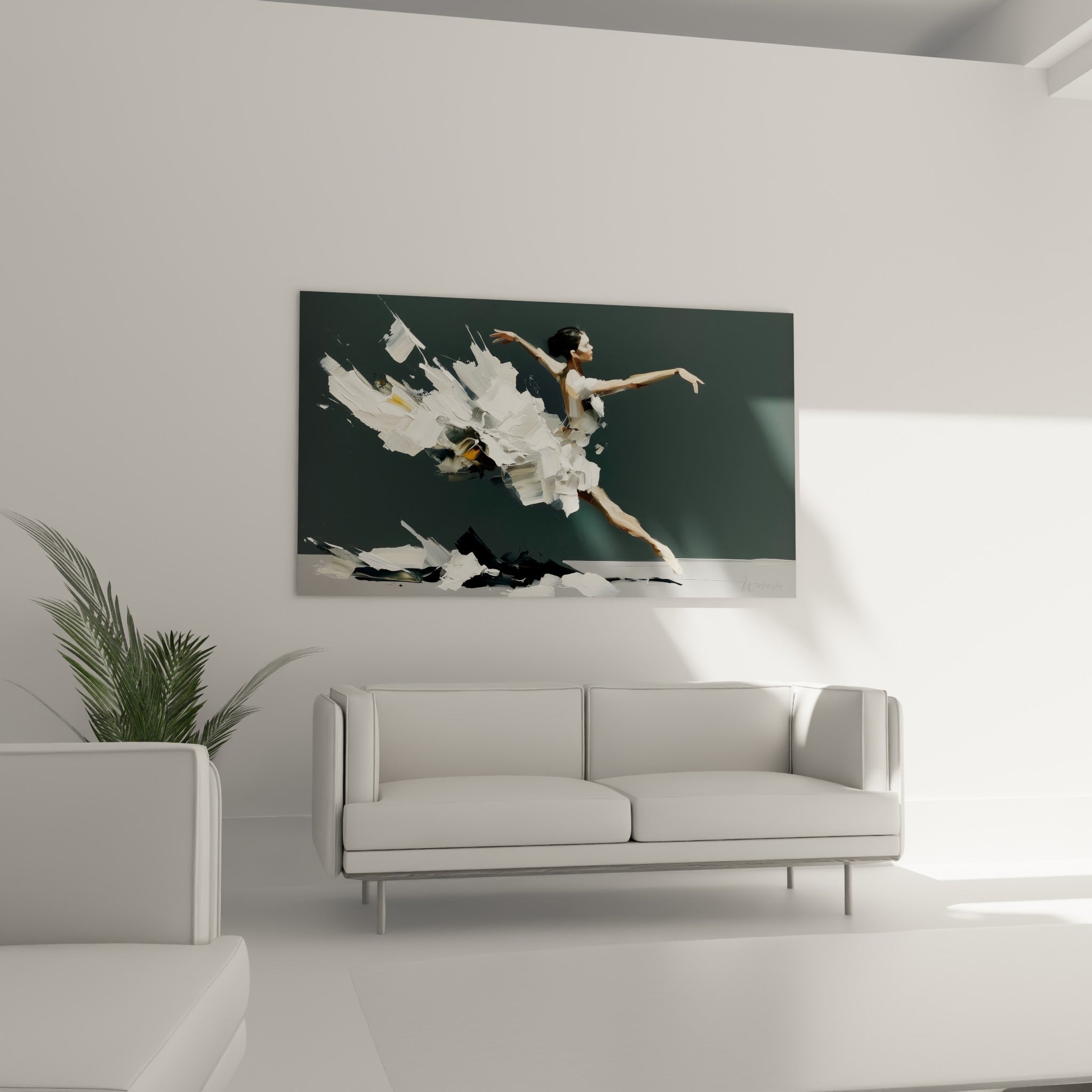 Silhouette gracile en tutu blanc éclaté, mouvement figé, au-dessus d'un canapé dans un salon lumineux