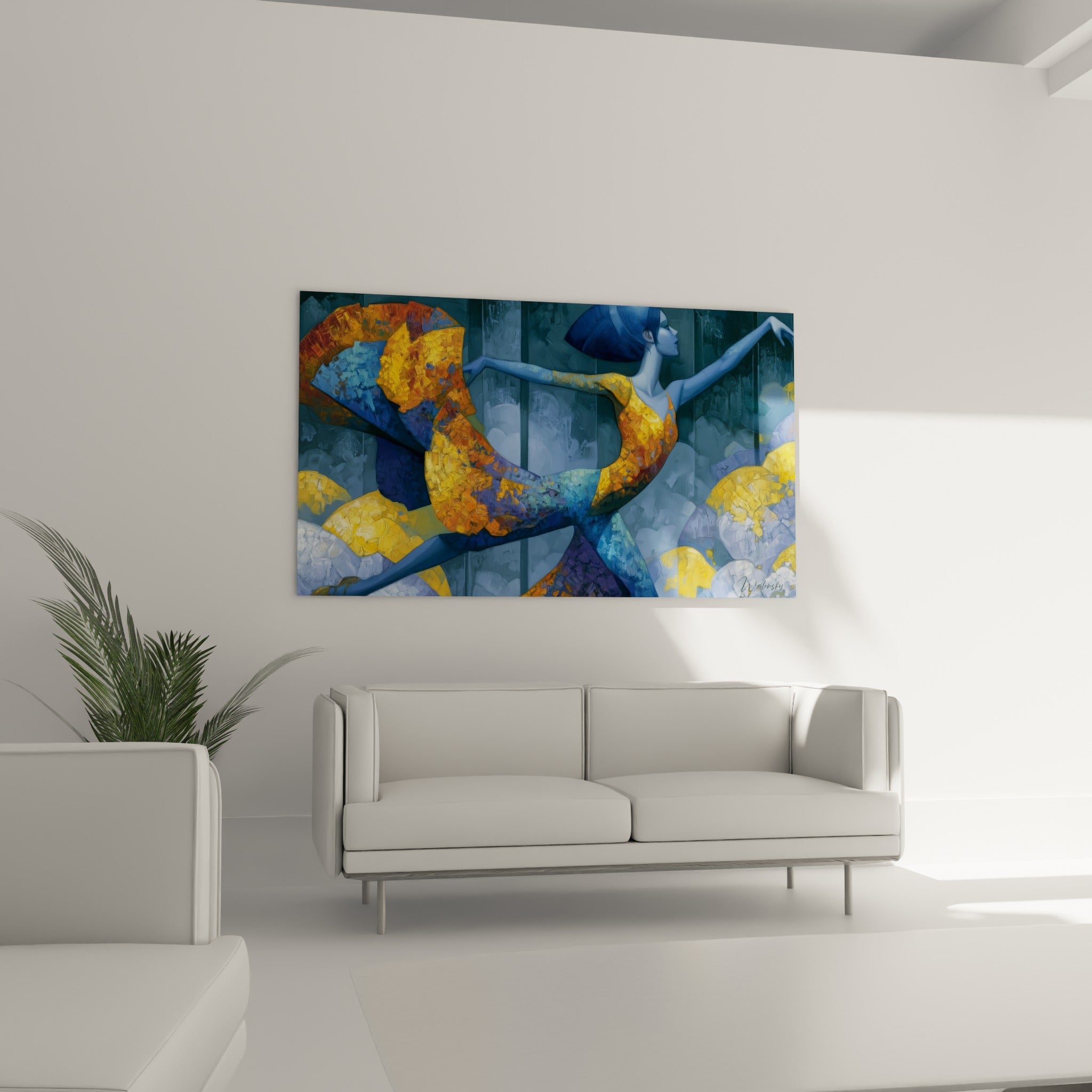 Mouvement gracieux de la danseuse en bleu et ocre au-dessus d'un canapé dans un salon lumineux