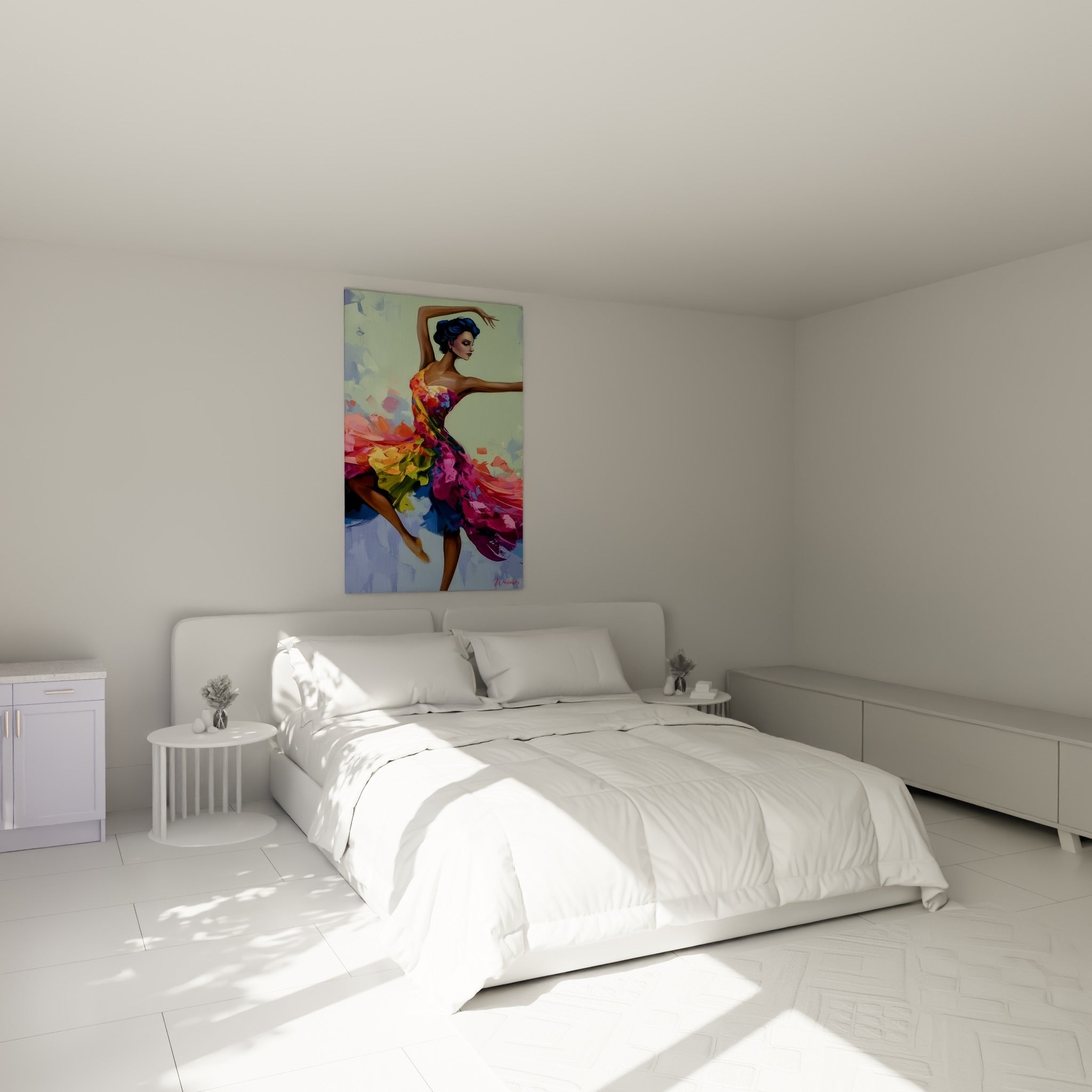 Silhouette dansante aux teintes orange et bleu marine, tableau danseuse abstrait au-dessus d'un lit dans une chambre claire
