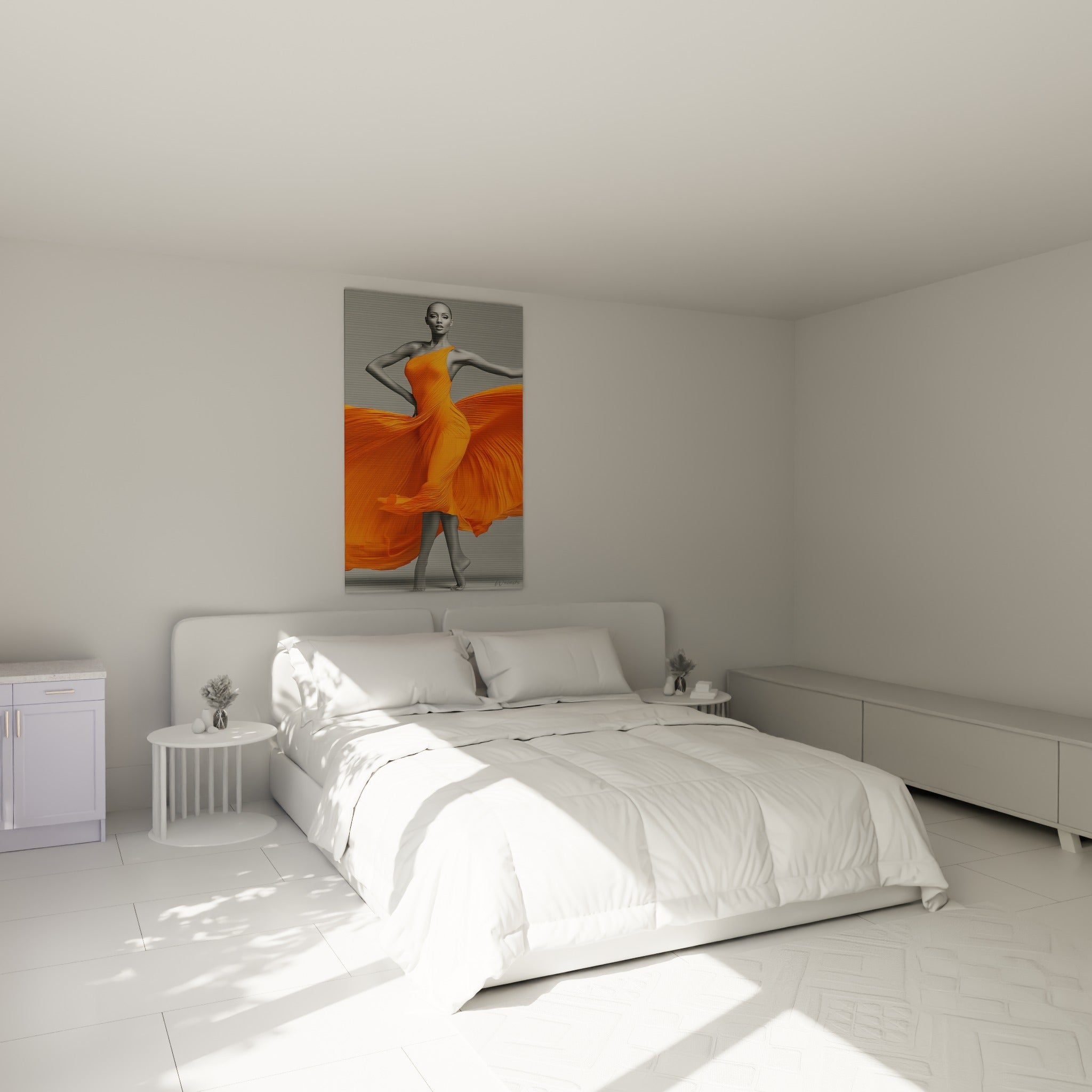 Silhouette en robe orange vif et fond anthracite accrochée au-dessus d'un lit dans une chambre claire