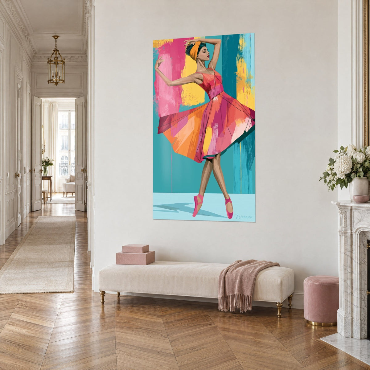 Tableau ballerine sur pointes fuchsia, jupe corail striée de jaune et de rose, fond turquoise, couloir haussmannien en perspective