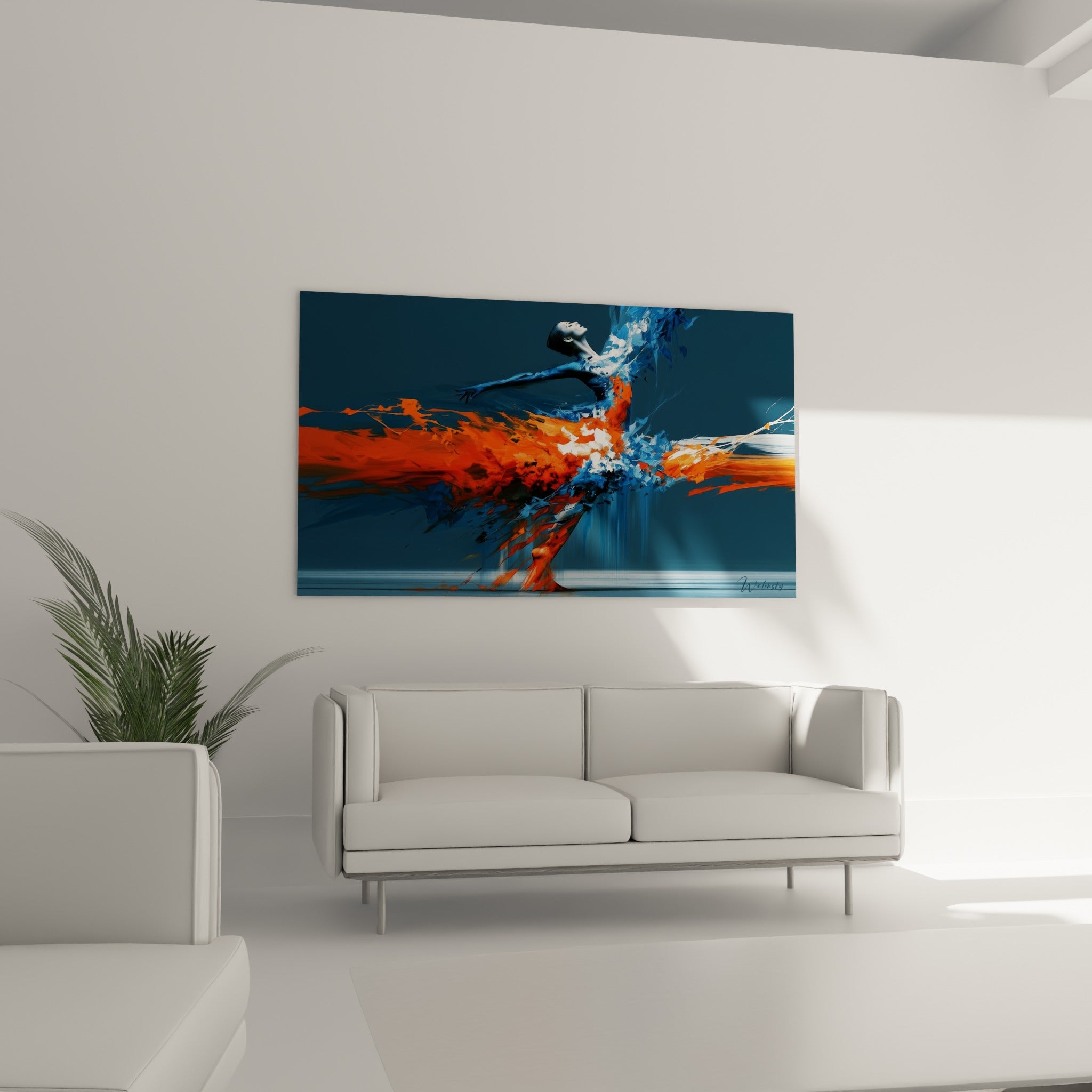 Envol d'une danseuse abstrait aux tons orange et bleu profond, au-dessus d'un canapé dans un salon lumineux