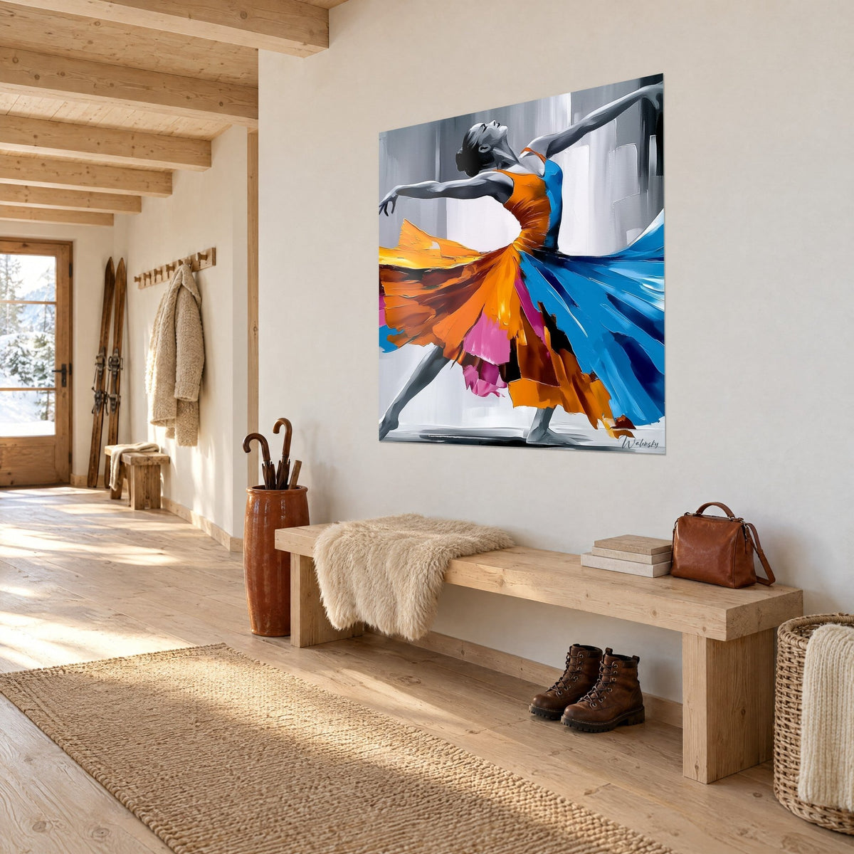 Tableau ballerine renversée en arrière, robe orange et rose flottante sur fond gris, au-dessus d'un banc en bois dans l'entrée
