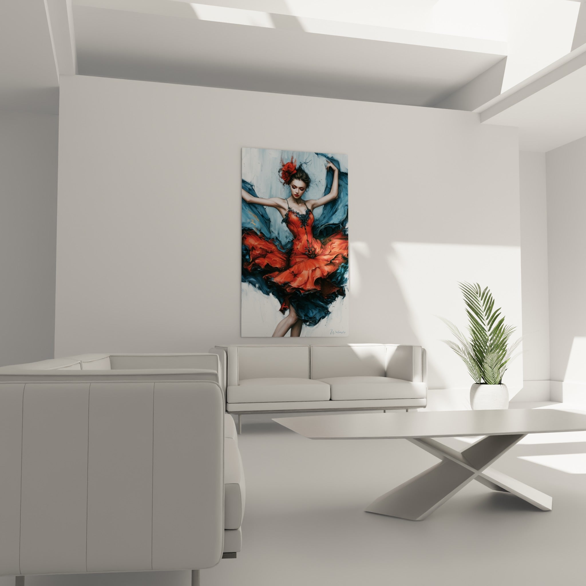 Mouvement flamenco de Danseuse abstrait en rouge et anthracite au-dessus d'un canapé dans un salon lumineux