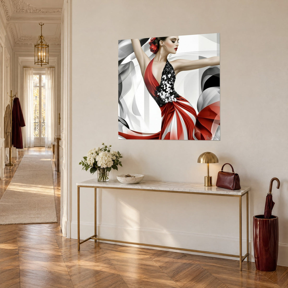 Tableau silhouette élancée en robe de soie rouge et corsage de paillettes noires, voiles gris, sur une console, appartement haussmannien