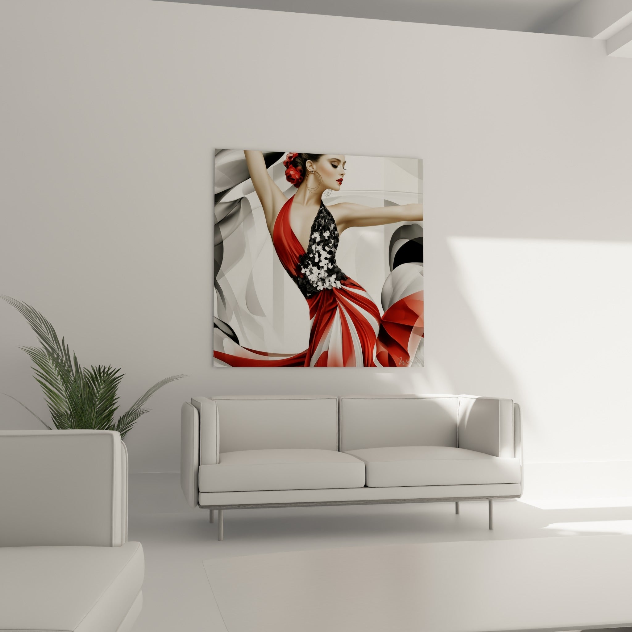 Mouvement de danseuse abstrait vêtue de rouge et noir au-dessus d'un canapé dans un salon lumineux