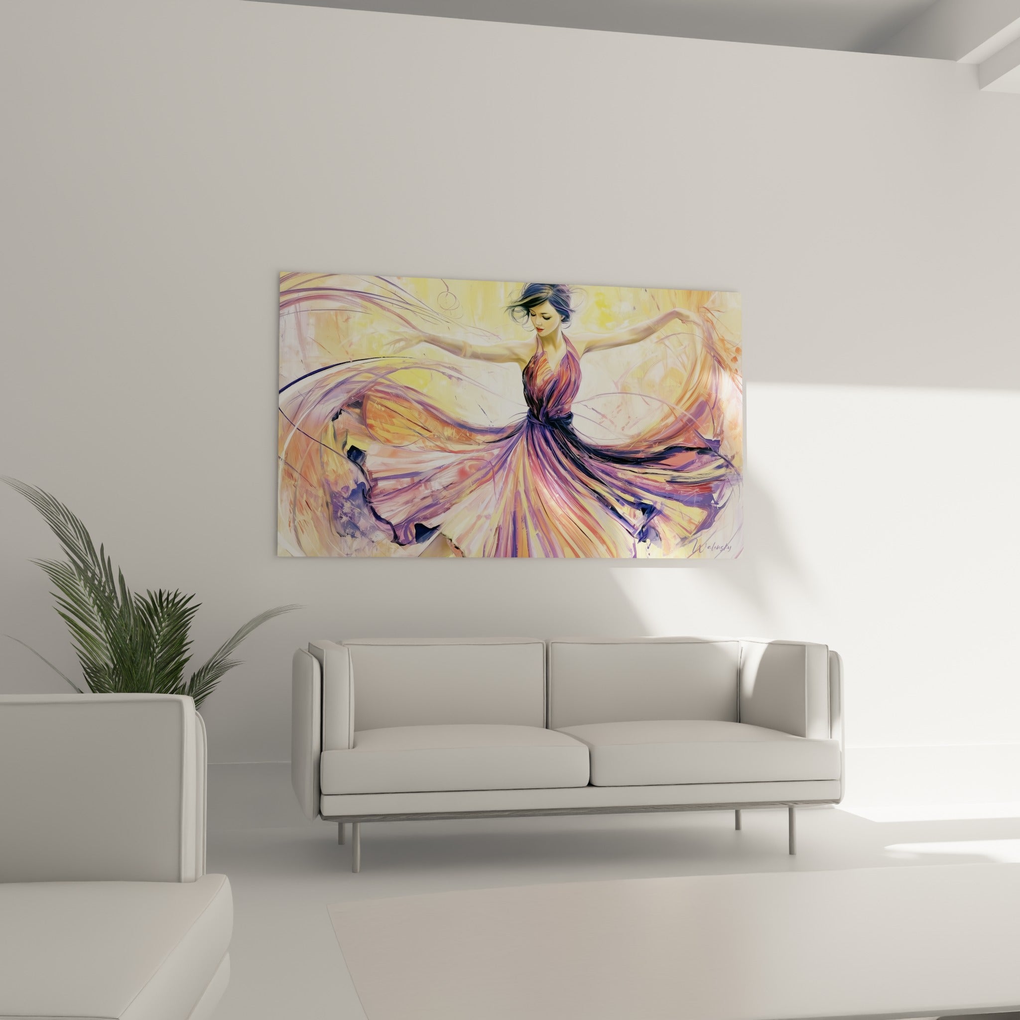 Robe orange et violette d'une danseuse abstraite au-dessus d'un canapé dans un salon lumineux