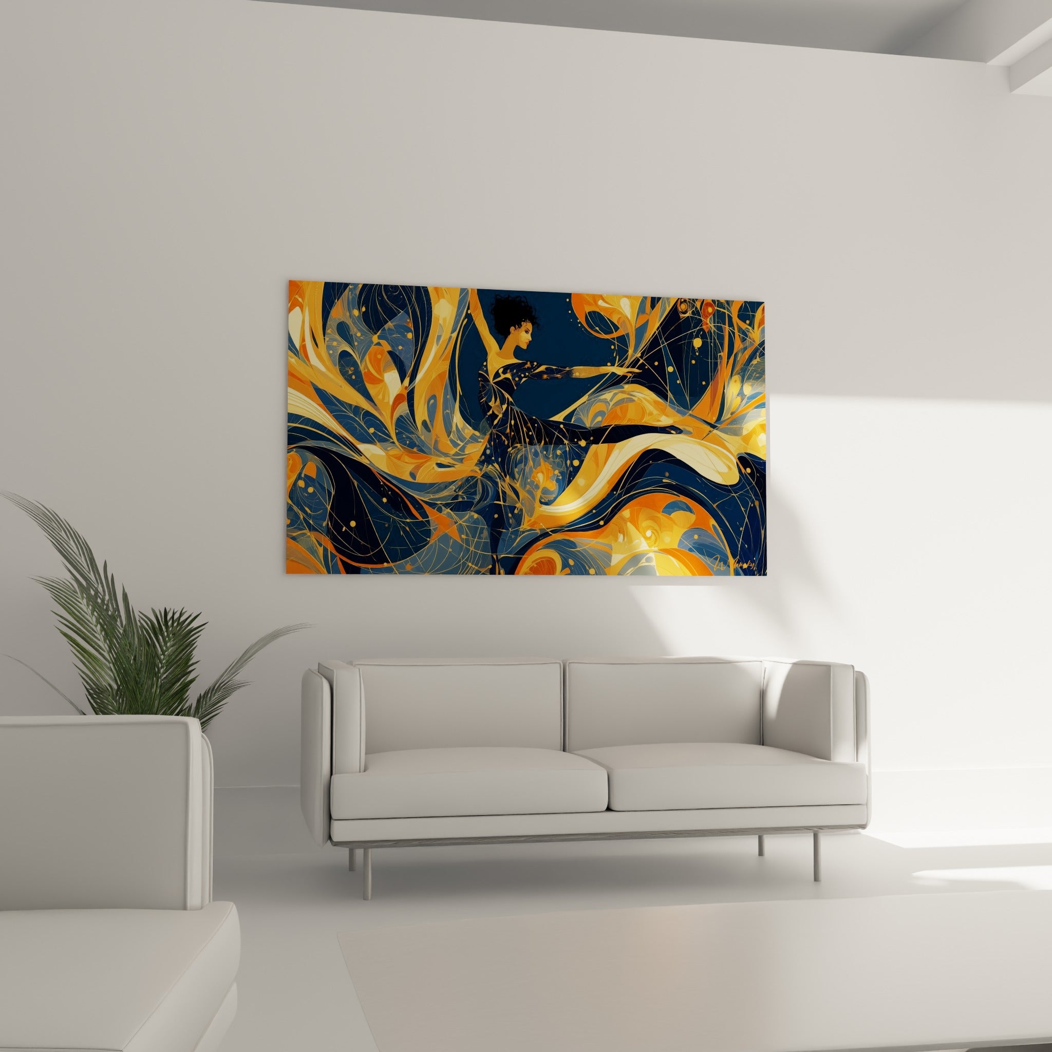 Corps en mouvement dans un tourbillon orange et bleu marine, au-dessus d'un canapé dans un salon lumineux