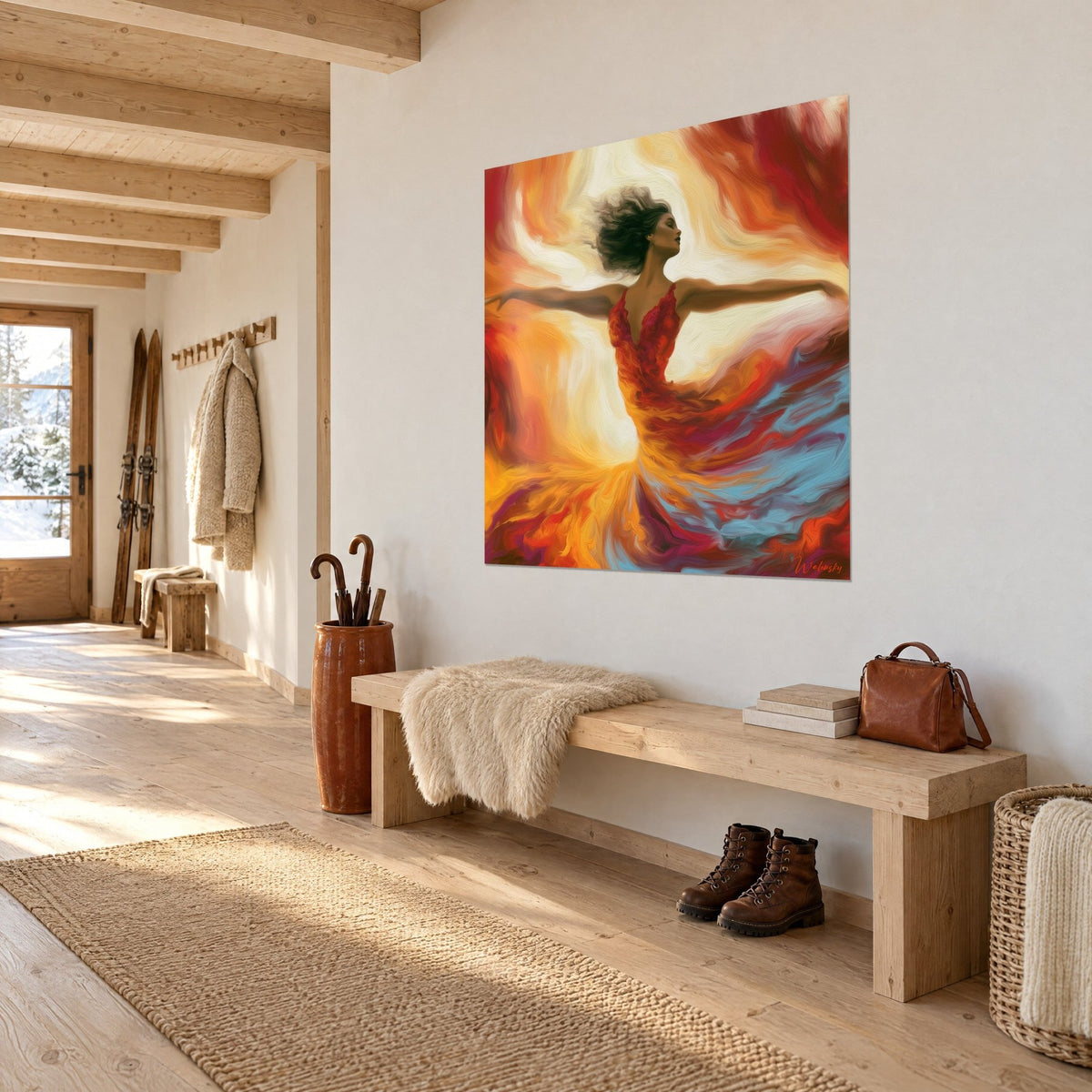Tableau silhouette féminine en tourbillon, jupe orange et bleu ciel, cheveux noirs au vent, mur blanc d'un couloir de chalet
