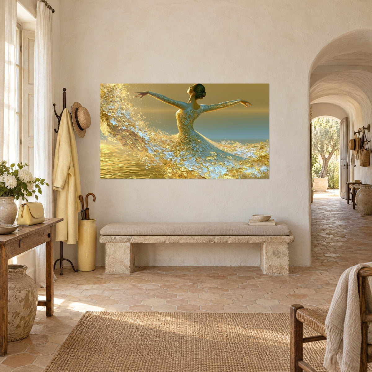 Tableau ballerine en envol, jupe de peinture dorée et blanche en vagues sur mer ocre, face à un banc de pierre, mas provençal