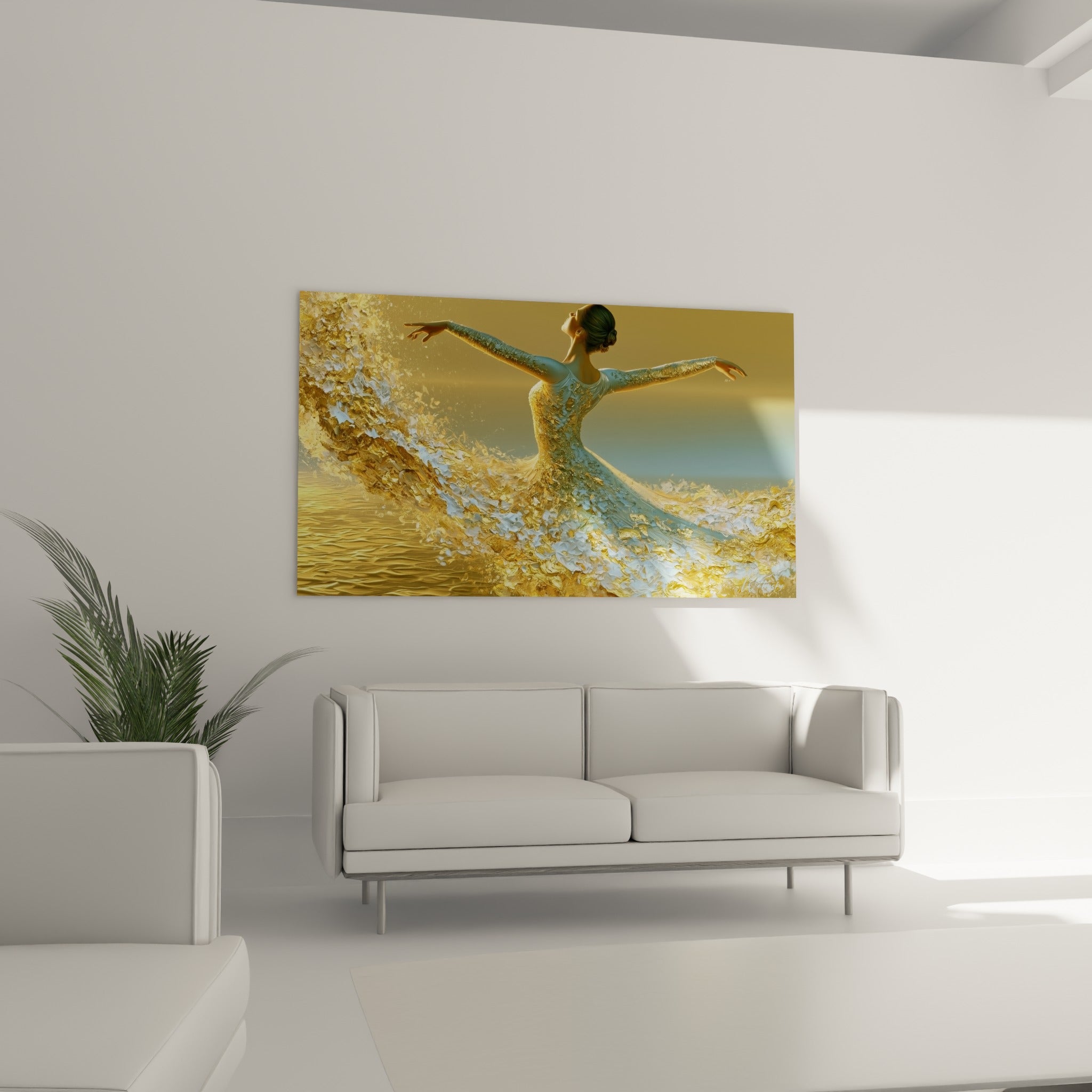 Mouvement gracieux de la danseuse abstrait dorée, robe en vague blanche, au-dessus d'un canapé dans un salon lumineux.