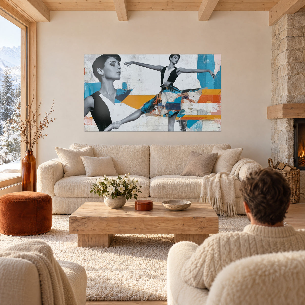 Tableau danseuse en arabesque, jupe de collage bleu et orange sur fond blanc, au-dessus d'un canapé dans un salon lumineux