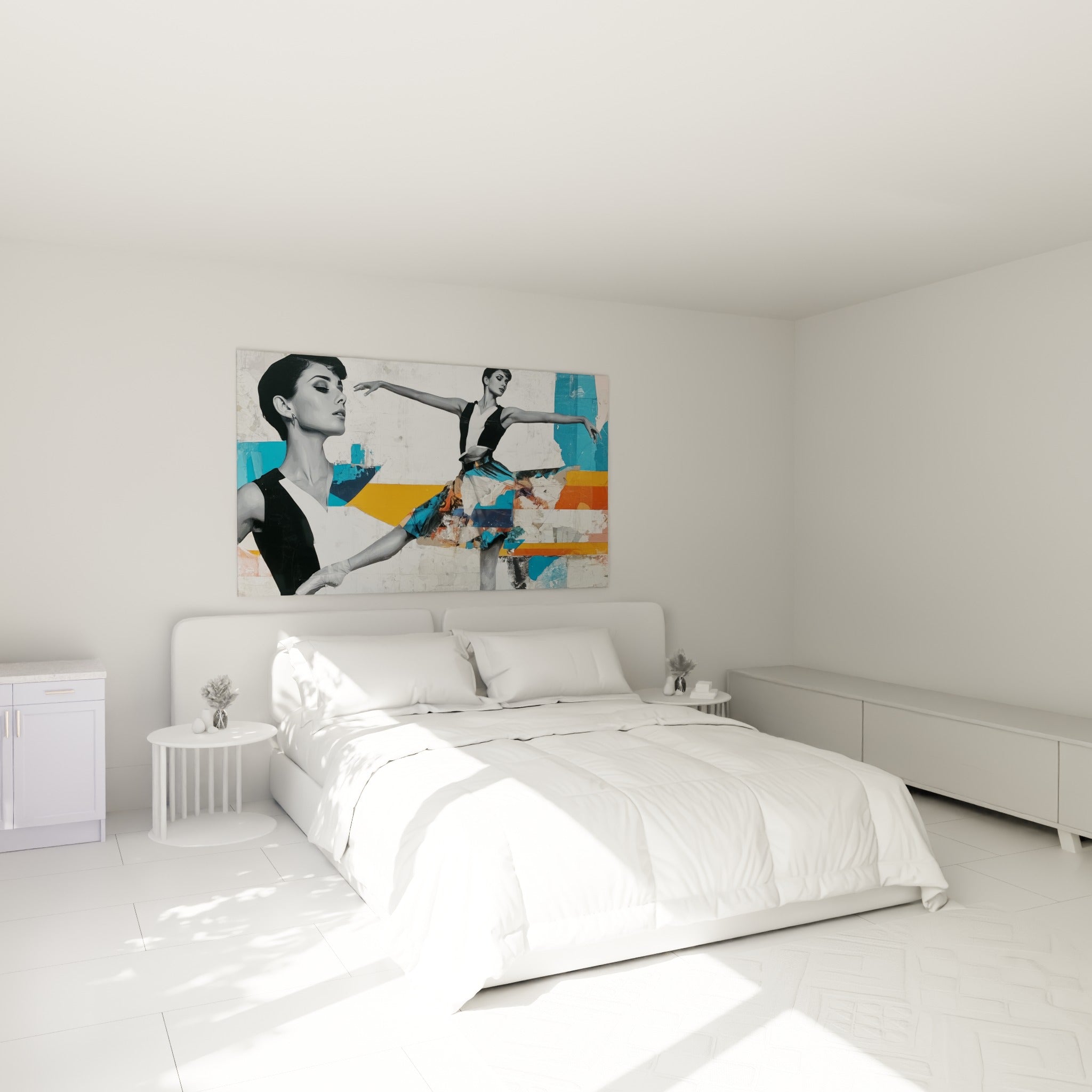 Ballerine en équilibre, tons bleu et orange contrastés, accrochée au-dessus d'un lit dans une chambre claire