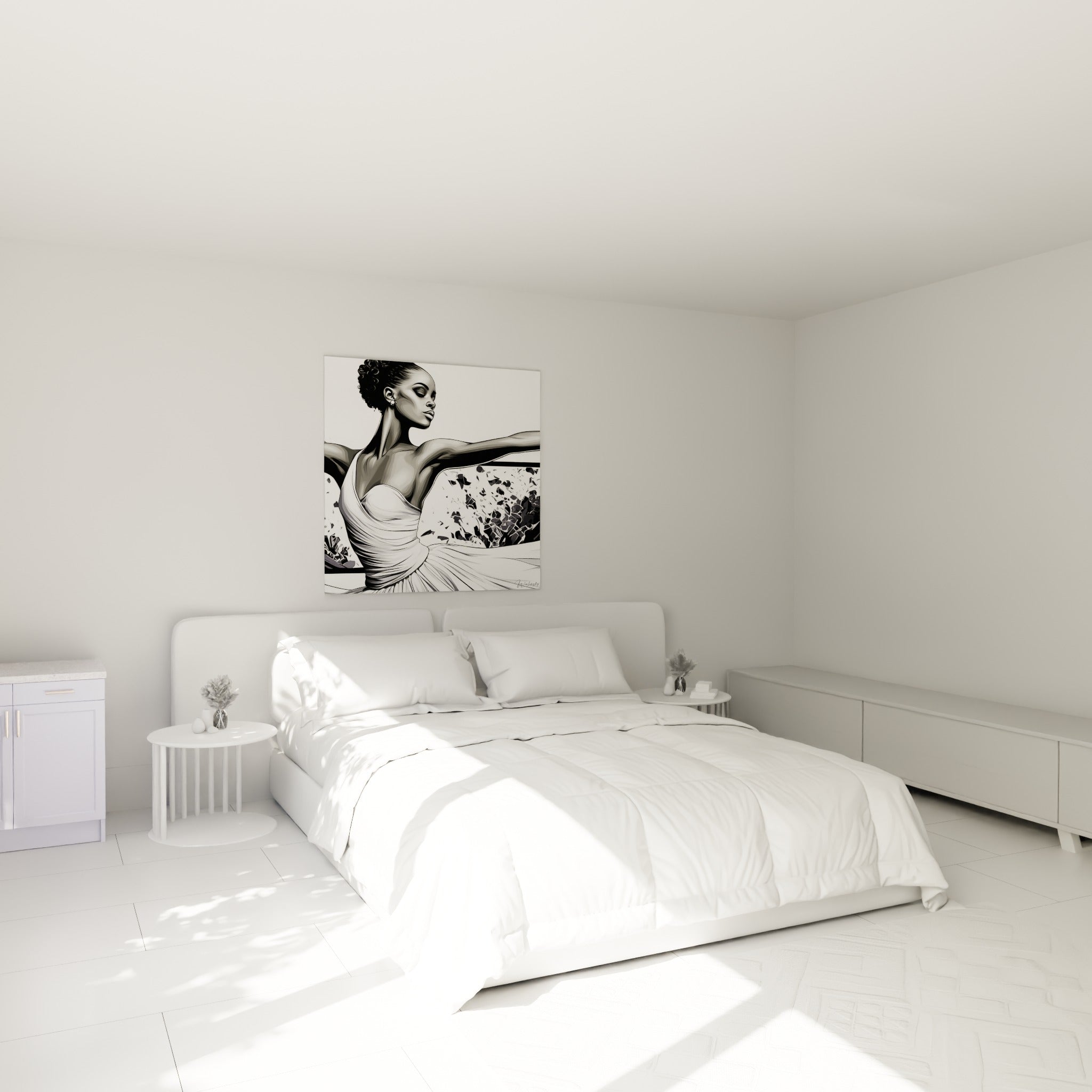 Silhouette de danseuse en noir et blanc, geste gracieux, au-dessus d'un lit dans une chambre claire