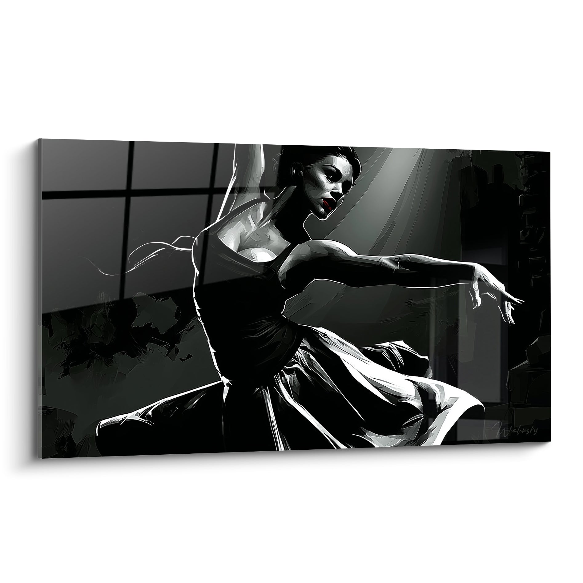 Danseuse abstrait en robe noire tourbillonnante, lèvres rouge vif, contrastes blancs marqués