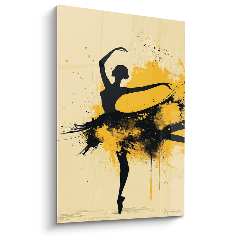 Tableau Danseuse silhouette noire jupe jaune éclaboussée - Coulures sur fond ivoire - Edition Danseuse abstrait