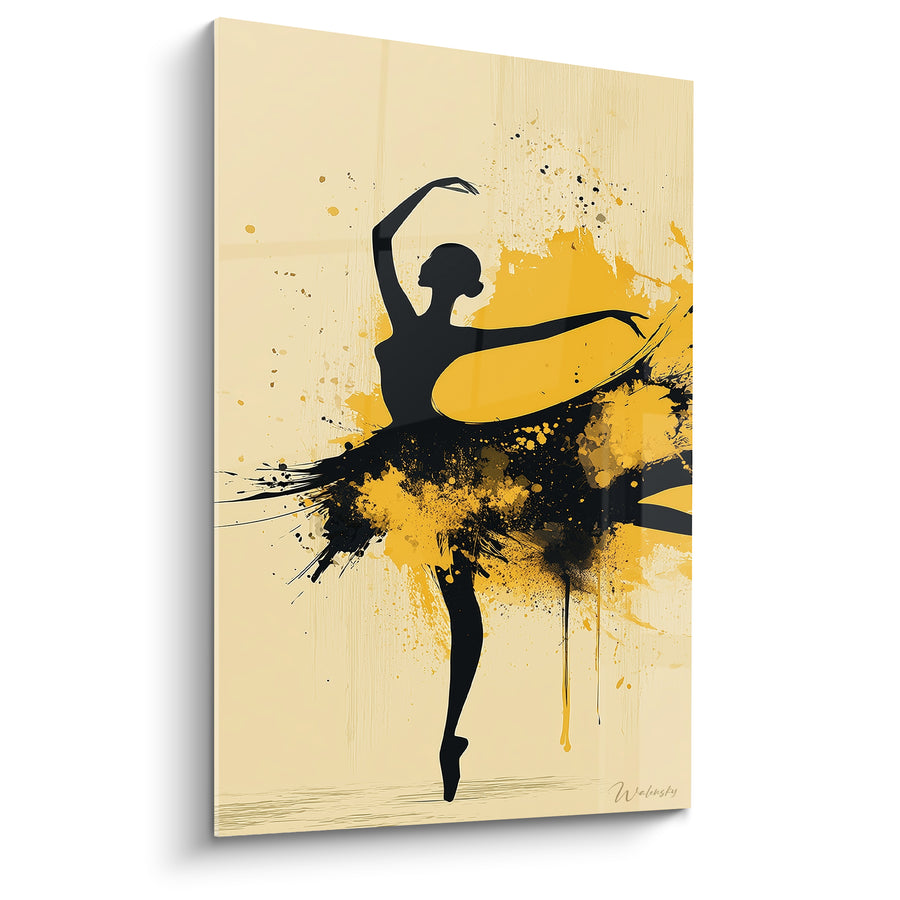 Tableau Danseuse silhouette noire jupe jaune éclaboussée - Coulures sur fond ivoire - Edition Danseuse abstrait