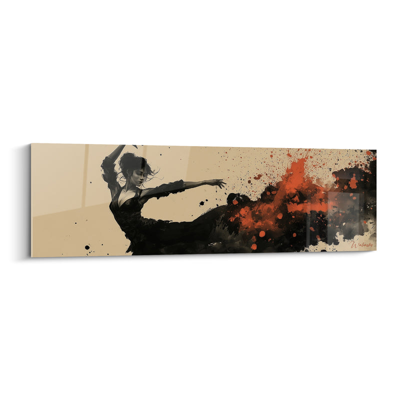 Tableau Danseuse noire et orange aux éclaboussures d'encre - Fond beige panoramique - Edition Danseuse abstrait
