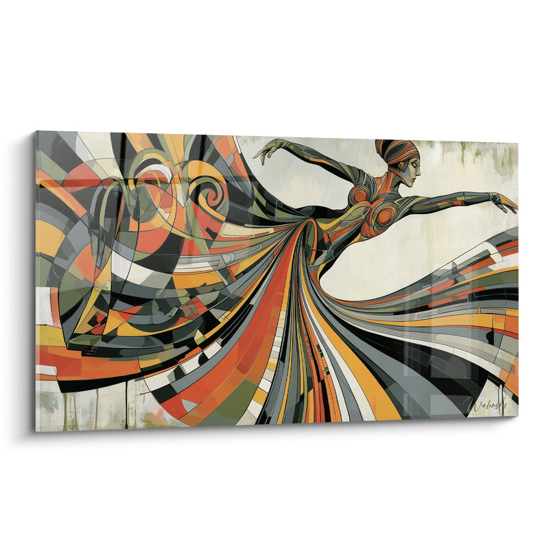 Tableau Danseuse robe orange et grise en éventail - Bras étirés en pointe - Edition Danseuse abstrait