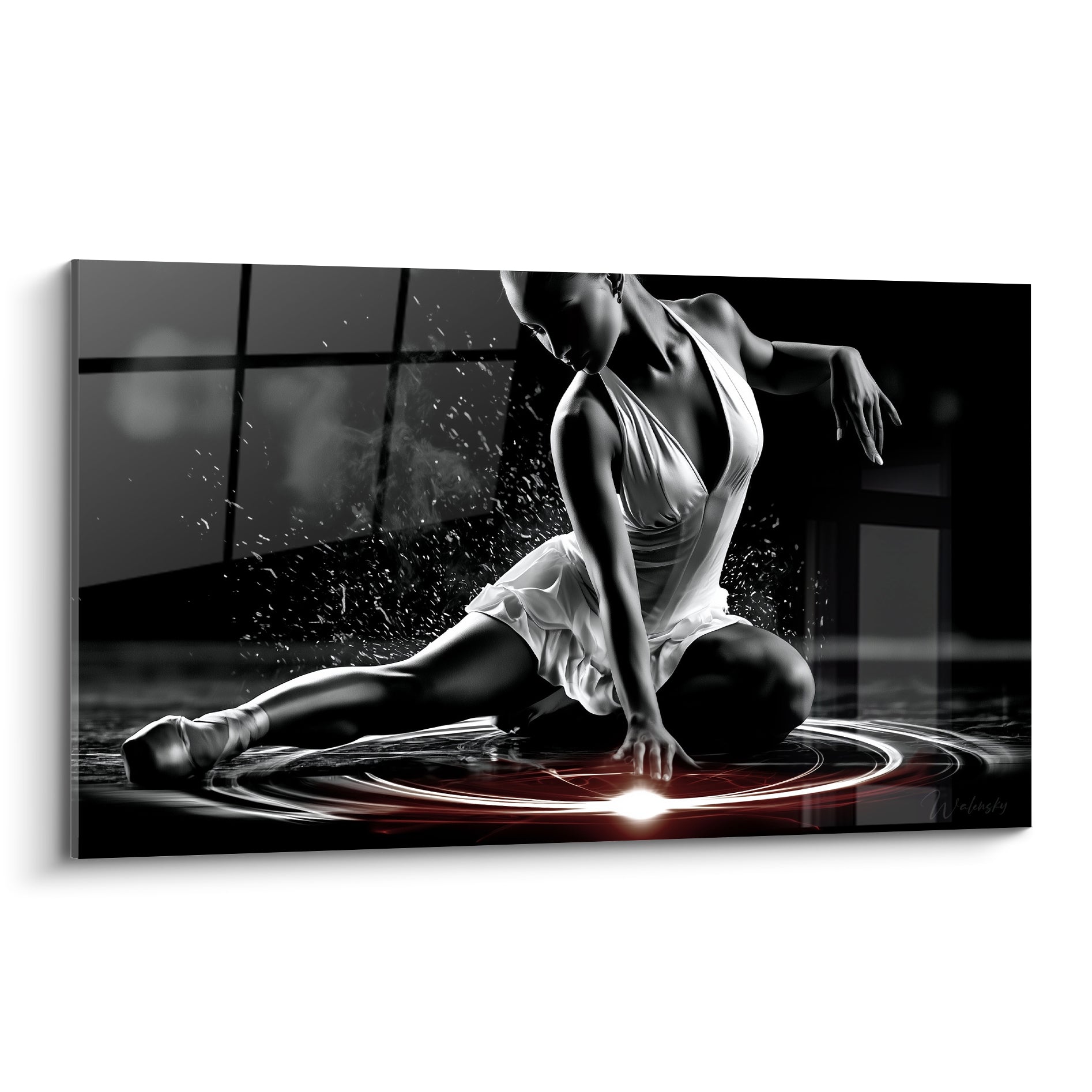 Danseuse abstrait au sol, drapé blanc et onde rouge lumineuse sur fond noir profond