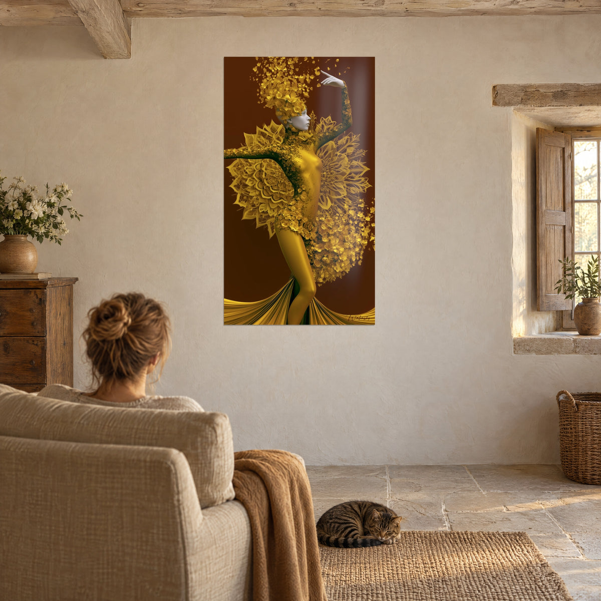 Gemälde Blumentänzerin mit goldenen Glanzlichtern, warmer brauner Hintergrund, vom Fenster beleuchtet, eine Frau von hinten und eine getigerte Katze auf dem Teppich