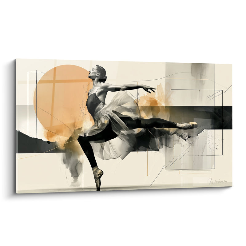 Tableau Danseuse noire et orange au grand cercle solaire - Jambe arquée en extension - Edition Danseuse abstrait