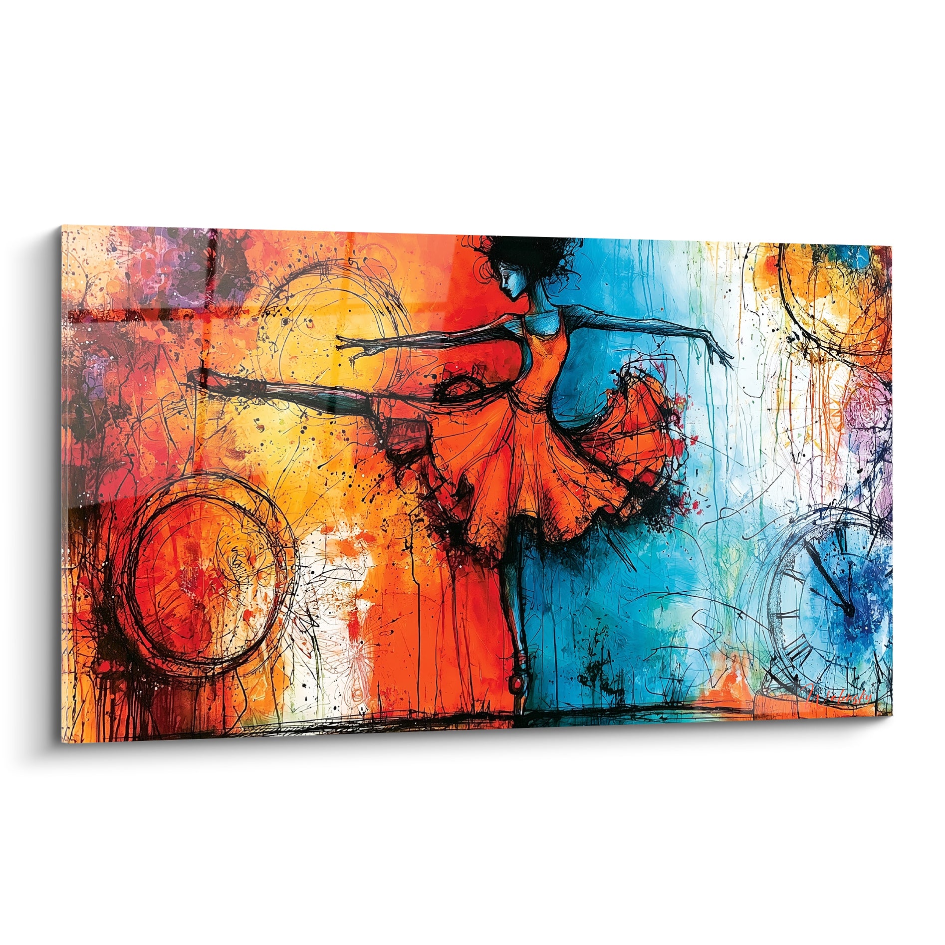Danseuse abstraite en robe orange et fond bleu, jambe tendue, style esquissé et coulures noires