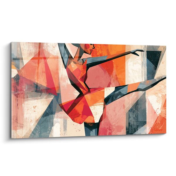 Dance Painting Orange and Coral Dancer with Geometric Facets - Fragmented Blue-Gray Background - Dancer Abstract Edition