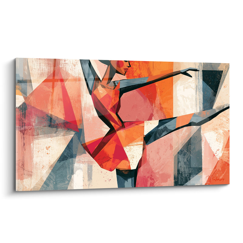 Tableau Danseuse orange et corail aux facettes géométriques - Fond fragmenté bleu gris - Edition Danseuse abstrait