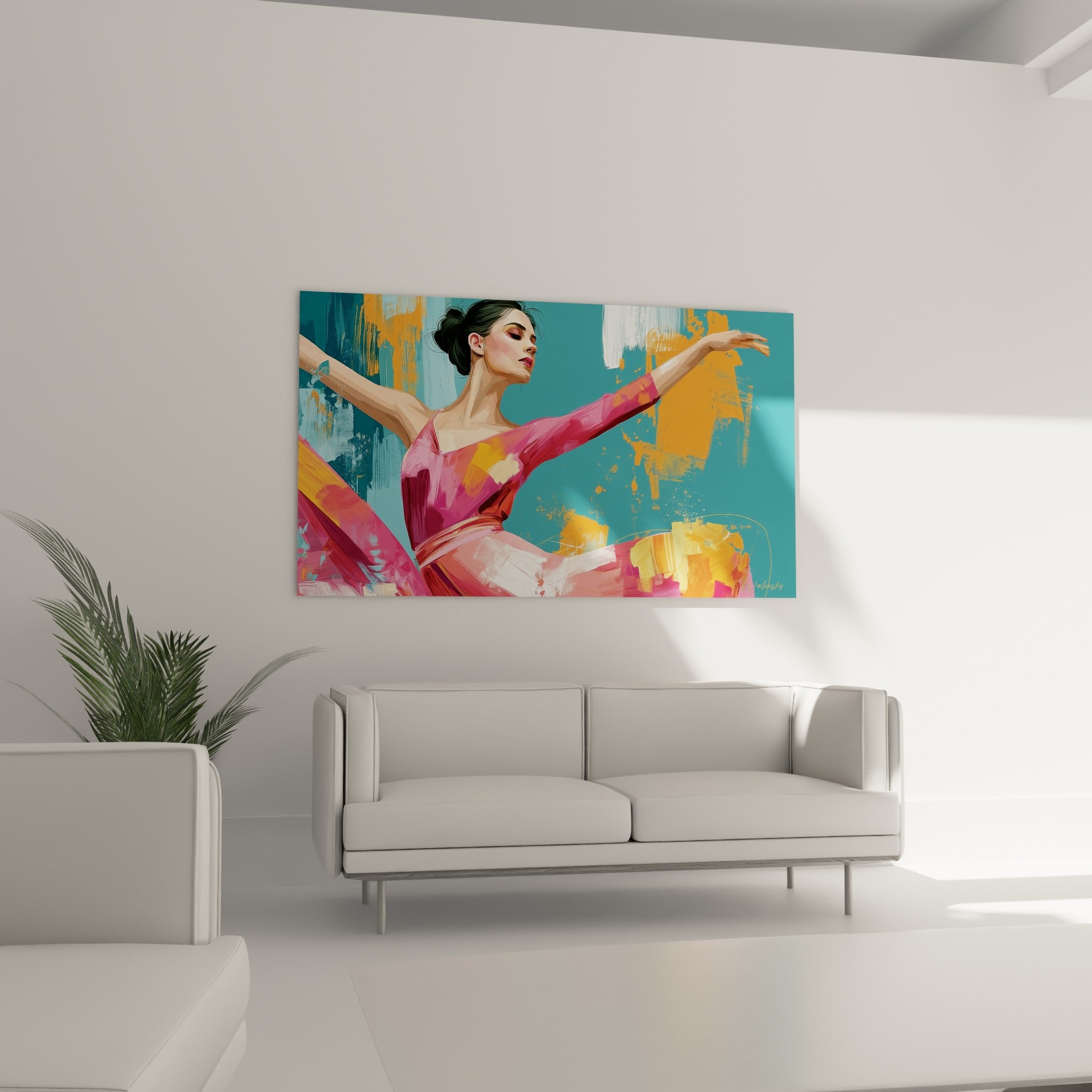 Ballerine en mouvement, tons bleu sarcelle et rose vif, au-dessus d'un canapé dans un salon lumineux