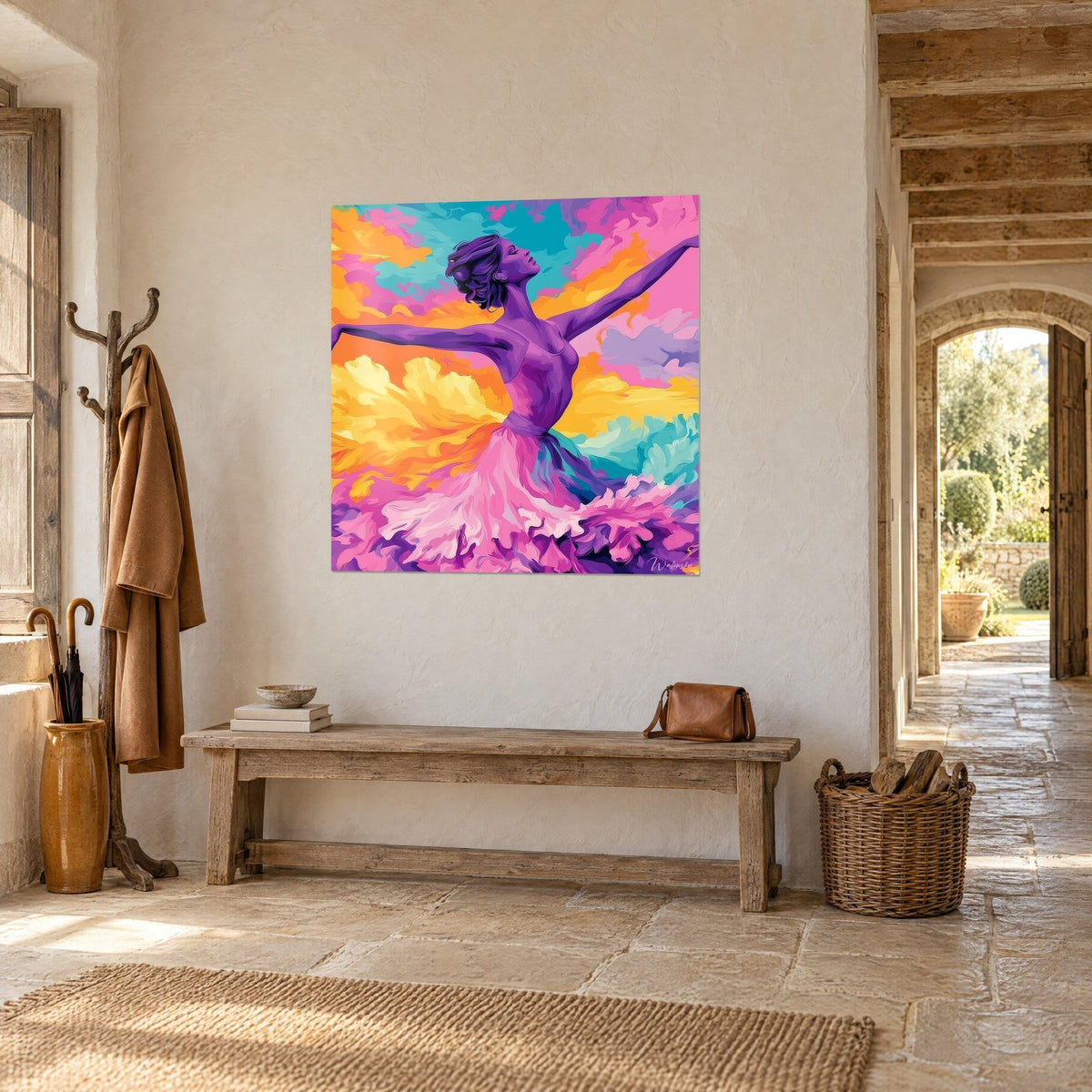 Tableau danseuse mauve au buste cambré, jupe rose écumeuse sur ciel jaune et turquoise, mur de pierre, couloir voûté