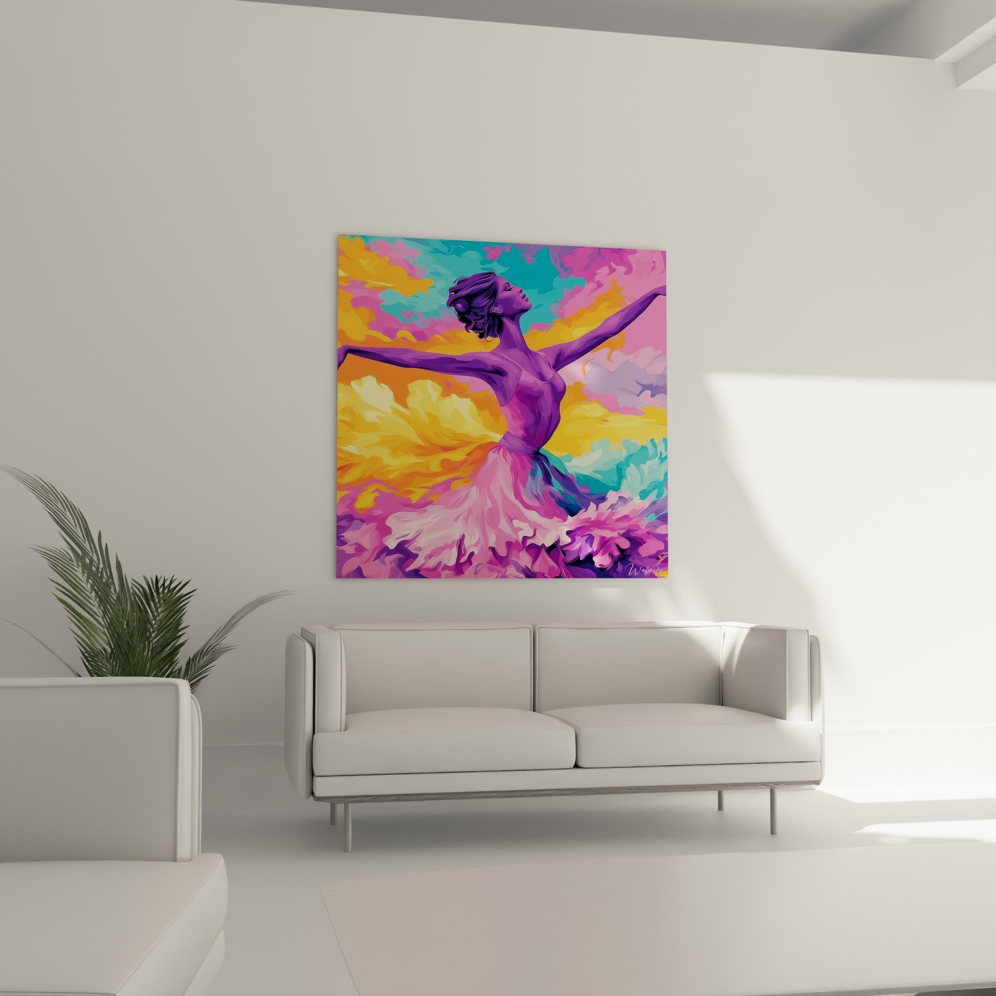 Corps de danseuse en mouvement dans des tons rose et turquoise, au-dessus d'un canapé dans un salon lumineux