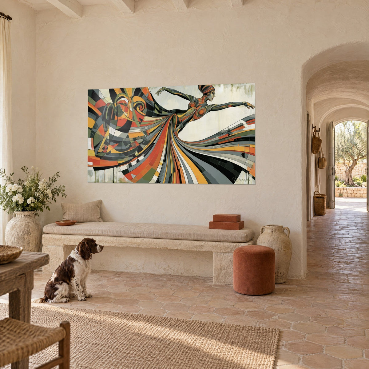 Tableau silhouette dansante aux bras ouverts, jupe en bandes orange, noires et olive, spaniel assis, mas provençal en trois-quarts