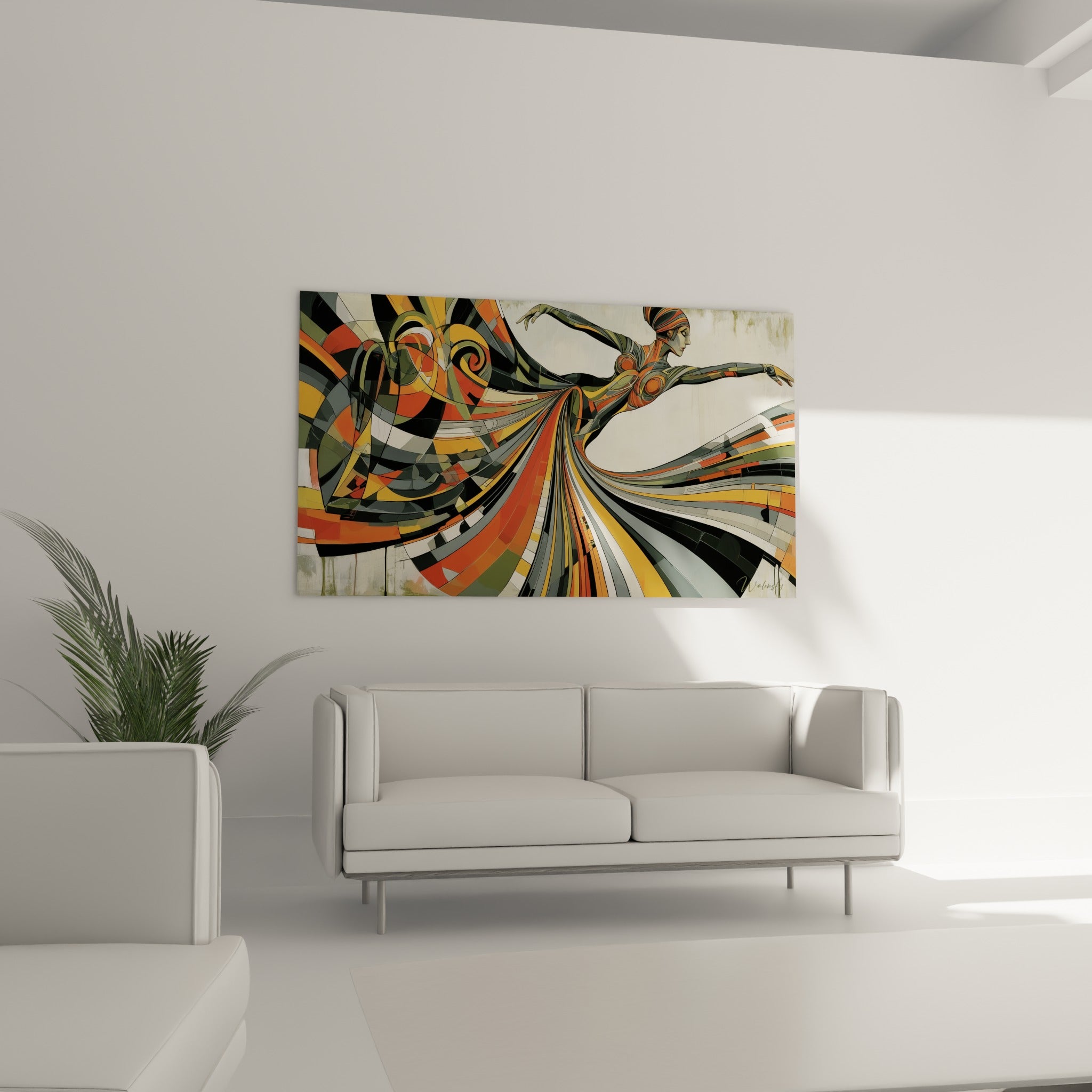 Figure gracieuse en mouvement, robe géométrique orange et grise, au-dessus d'un canapé dans un salon lumineux